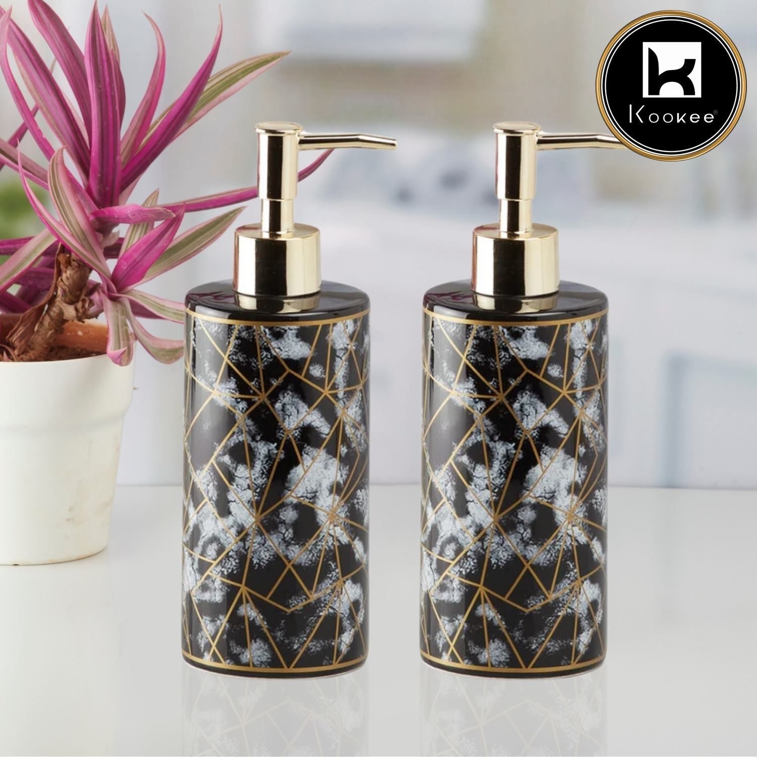 Ceramic Soap Dispenser for handwash for Bathroom, White/Gold (Set of 1) (10209)