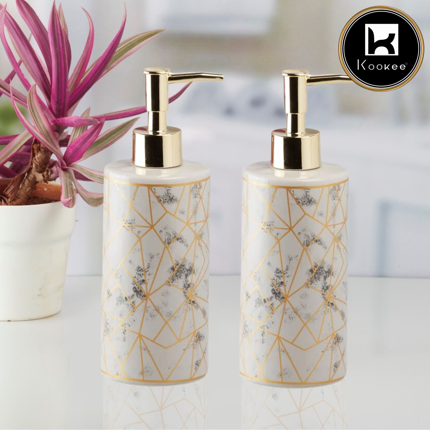 Ceramic Soap Dispenser for handwash for Bathroom, White/Gold (Set of 2) (10828)