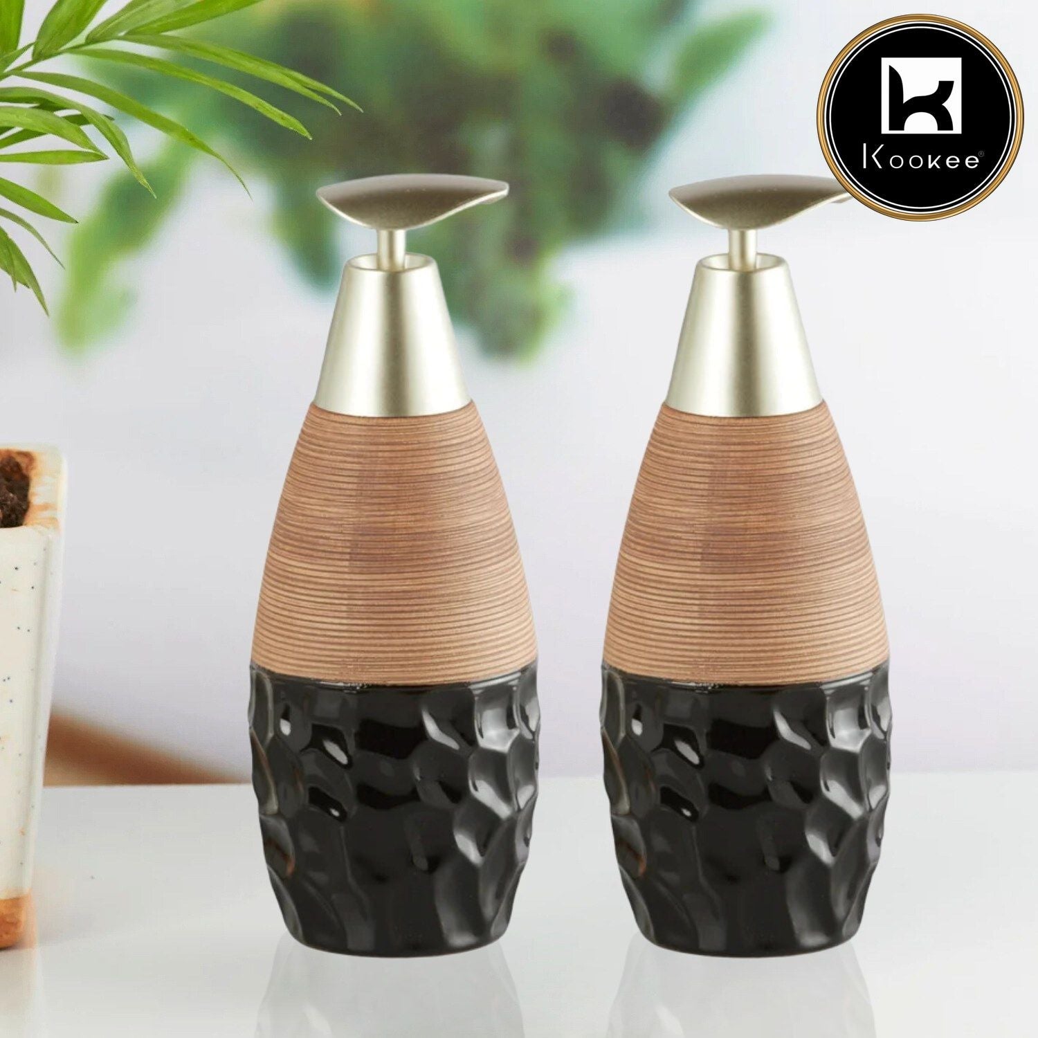 Ceramic Soap Dispenser for handwash for Bathroom, Beige/Black (Set of 2) (10937)