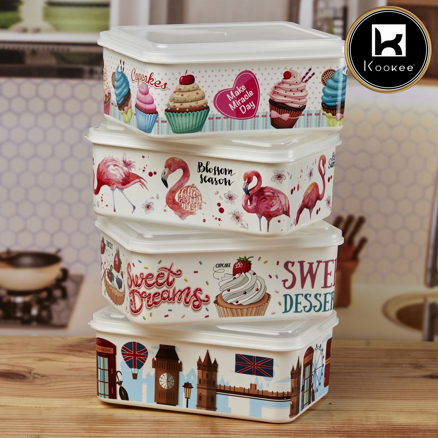 Kookee Plastic Airtight Container with Lid, Set of 4, Rectangle, (Pack of 4 (10942)