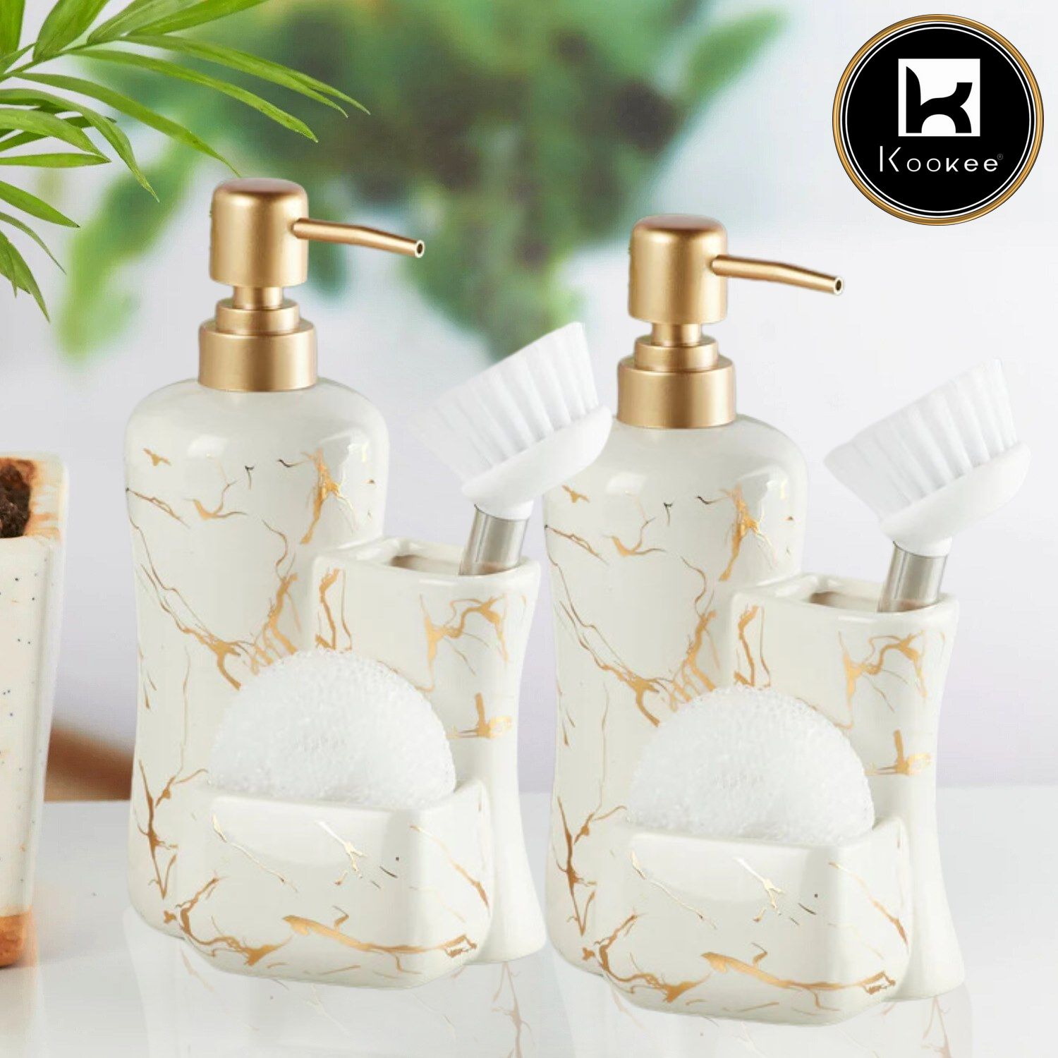Ceramic Soap Dispenser for handwash for Bathroom, White/Gold (Set of 2) (10967)