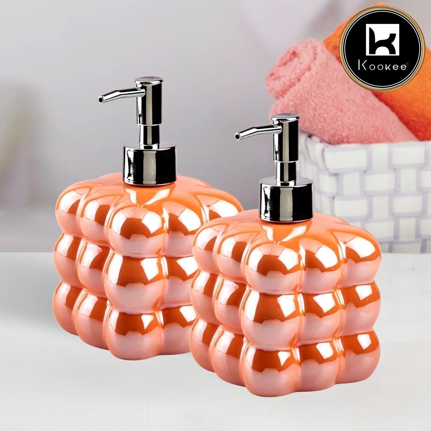 Ceramic Soap Dispenser for handwash for Bathroom, Orange (Set of 2) (10982)