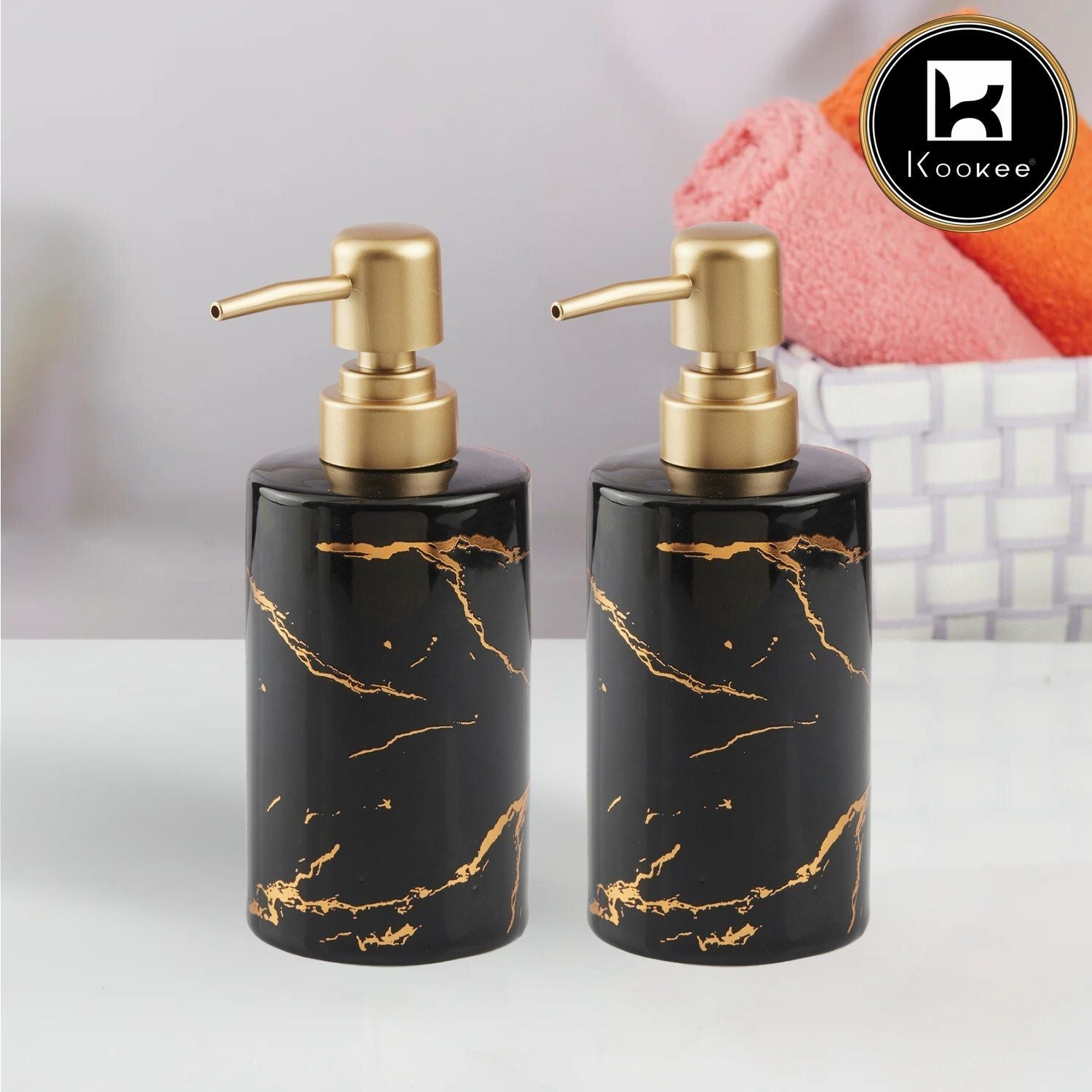 Ceramic Soap Dispenser for handwash for Bathroom, White/Gold (Set of 1) (10592)