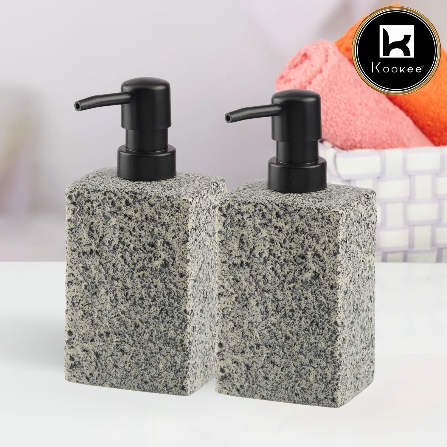 Ceramic Soap Dispenser for handwash for Bathroom, White/Grey (Set of 2) (10563)