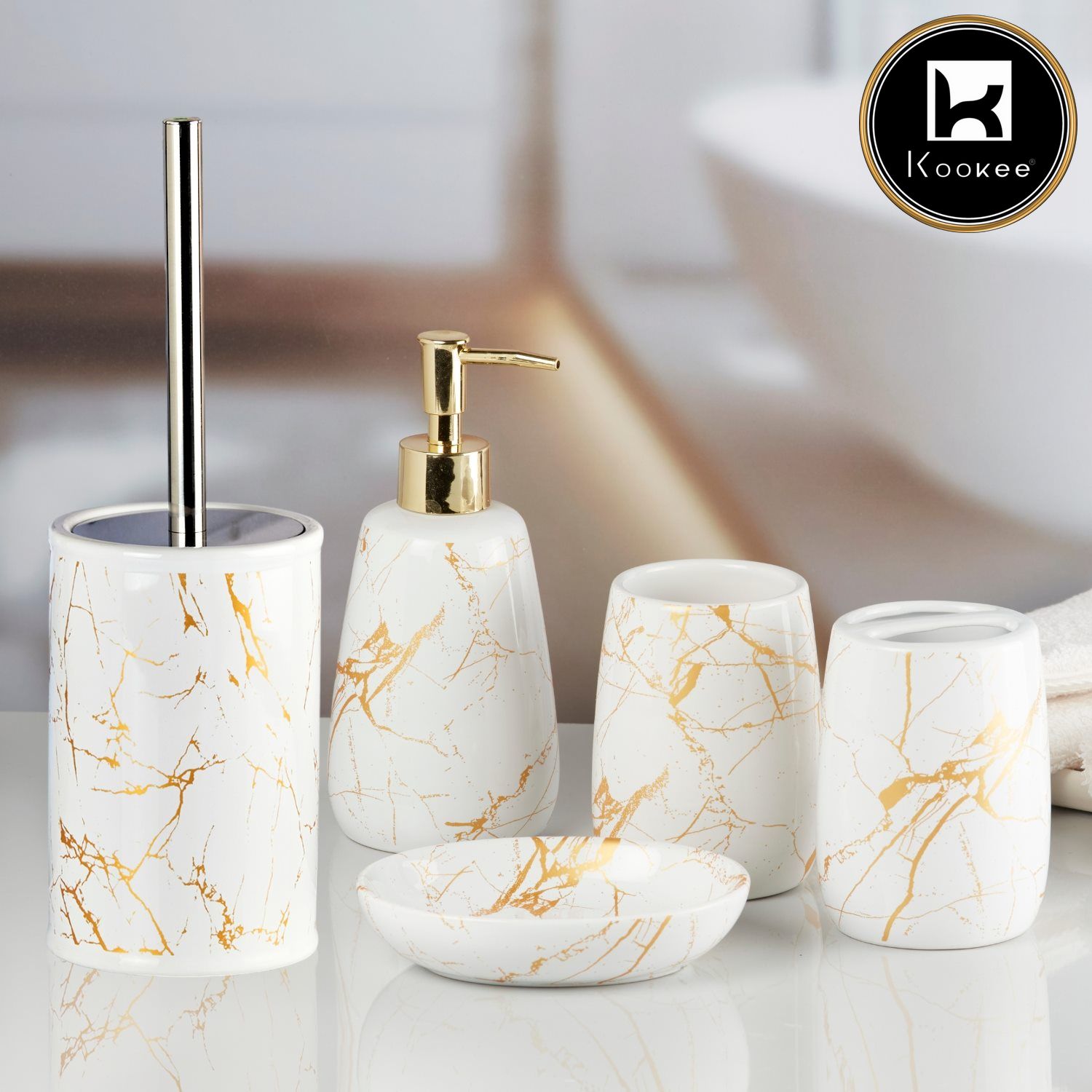 Kookee Ceramic Bathroom Accessories Set of 5, Modern Bath Set with Liquid handwash Soap Dispenser and Toilet brush Holder, Luxury Gift Accessory for Home,