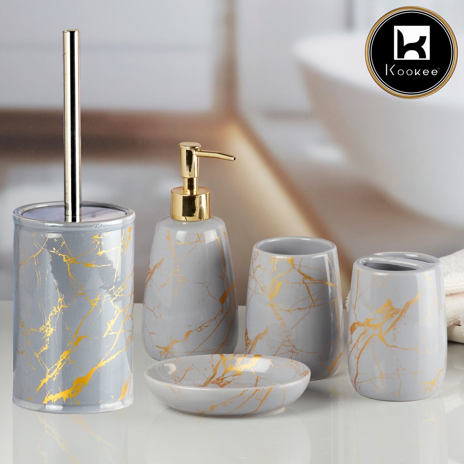 Ceramic Bathroom Set of 5 with Soap Dispenser (11048)