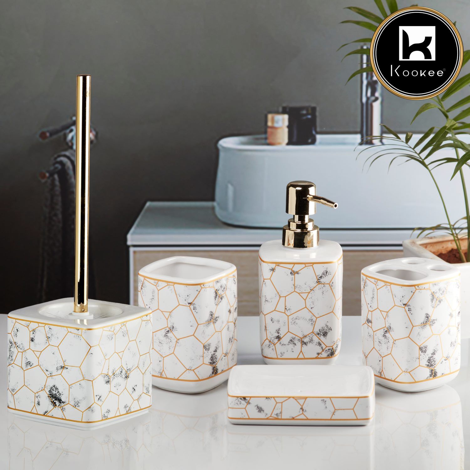 Ceramic Bathroom Set of 5 with Soap Dispenser (11059)