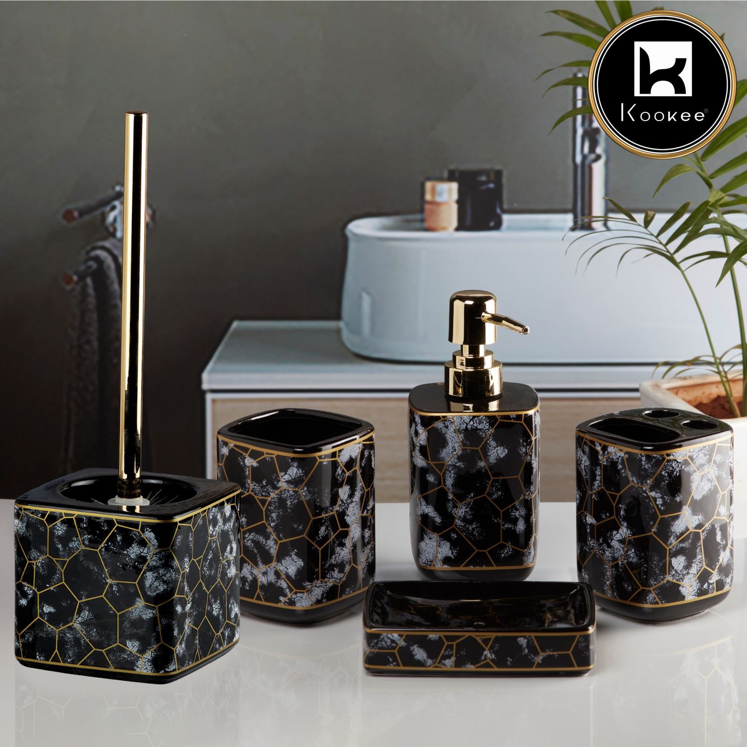 Kookee Ceramic Bathroom Sets, Black, ART11060