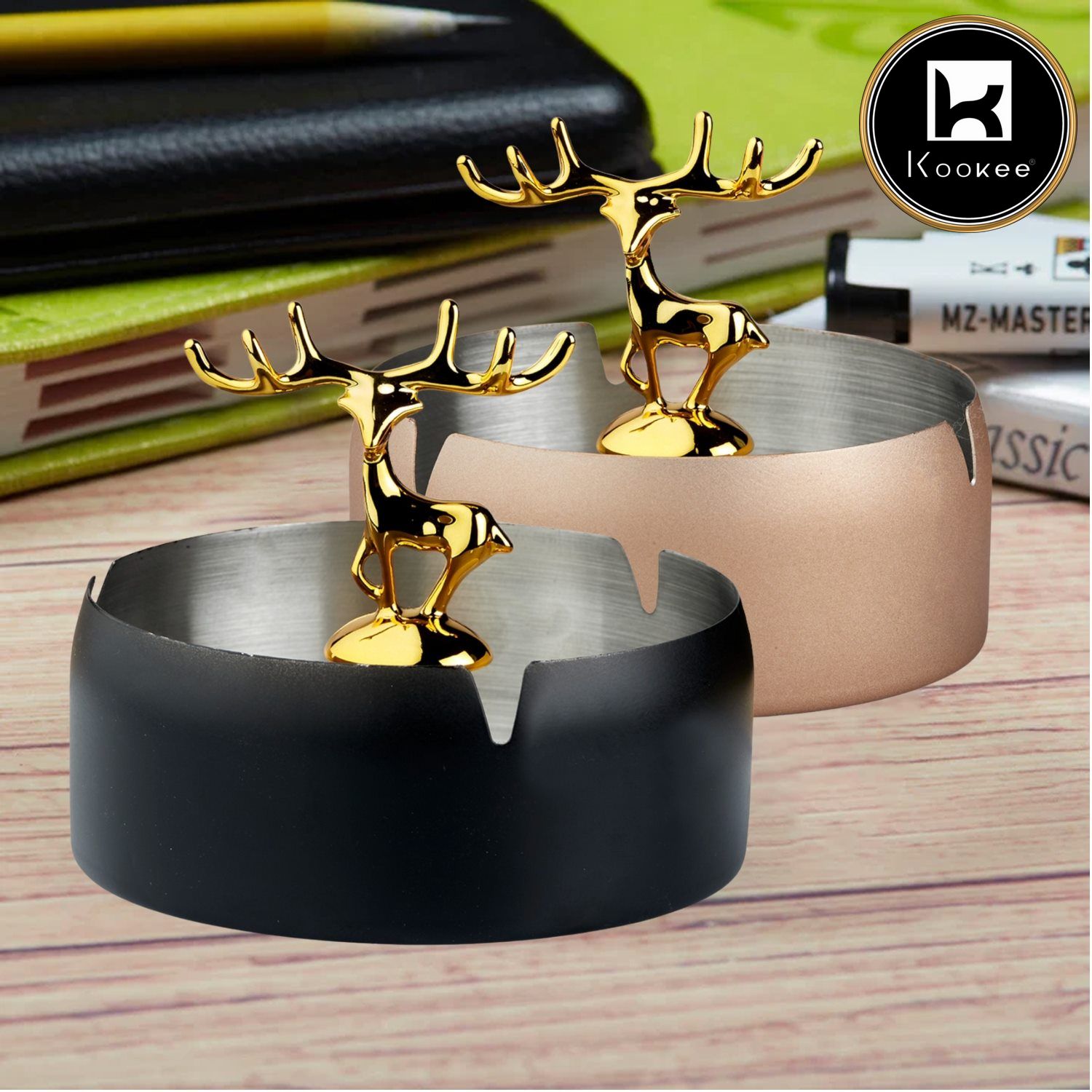 Kookee Stainless Steel Home Ash Tray Set for Cigarettes, X-Large, Set of 2, Black/Beige (11062)