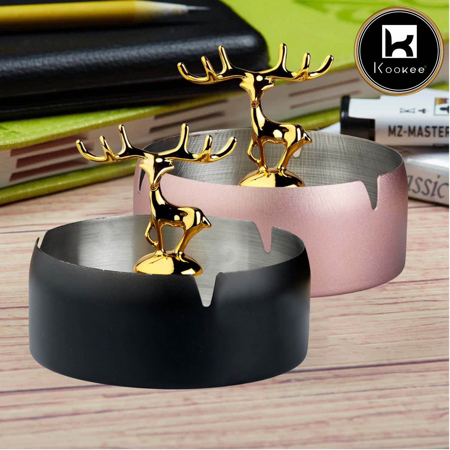 Kookee Stainless Steel Home Ash Tray Set for Cigarettes, X-Large, Set of 2, Black/Pink (11064)