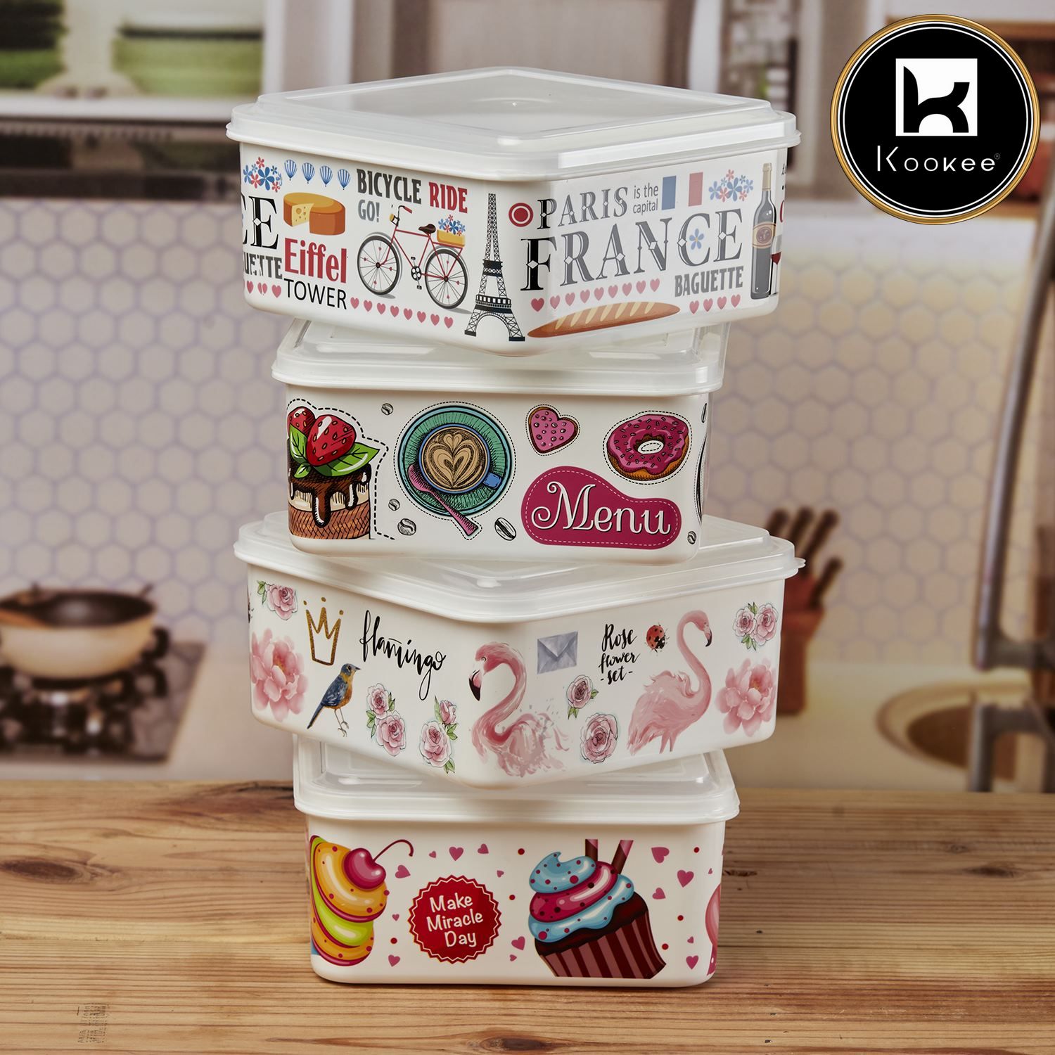 Kookee Plastic Airtight Container with Lid, Set of 4, Square, (Pack of 4 (11072)