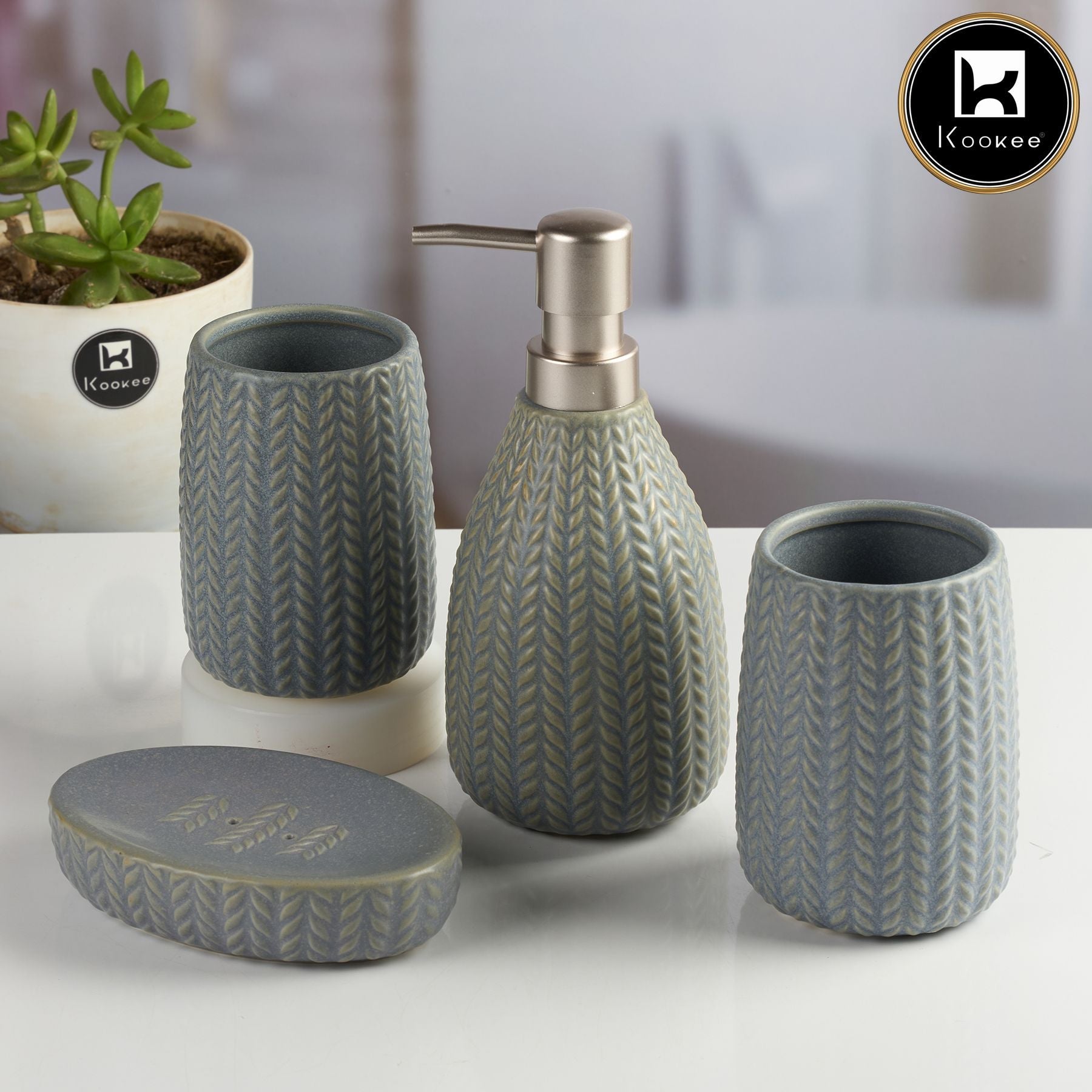 Ceramic Bathroom Accessories Set of 4 with Soap Dispenser (11094)