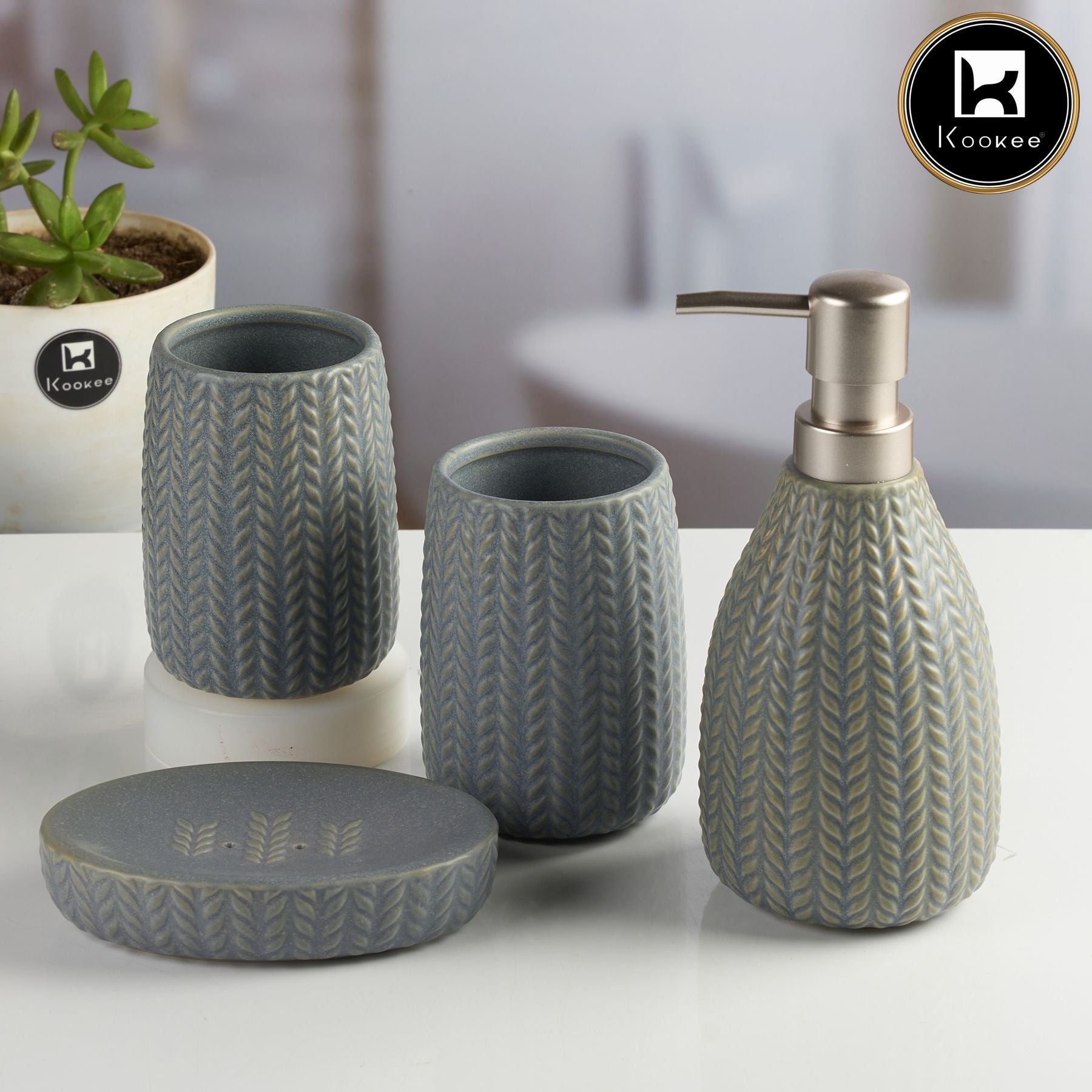 Ceramic Bathroom Accessories Set of 4 with Soap Dispenser (11094)