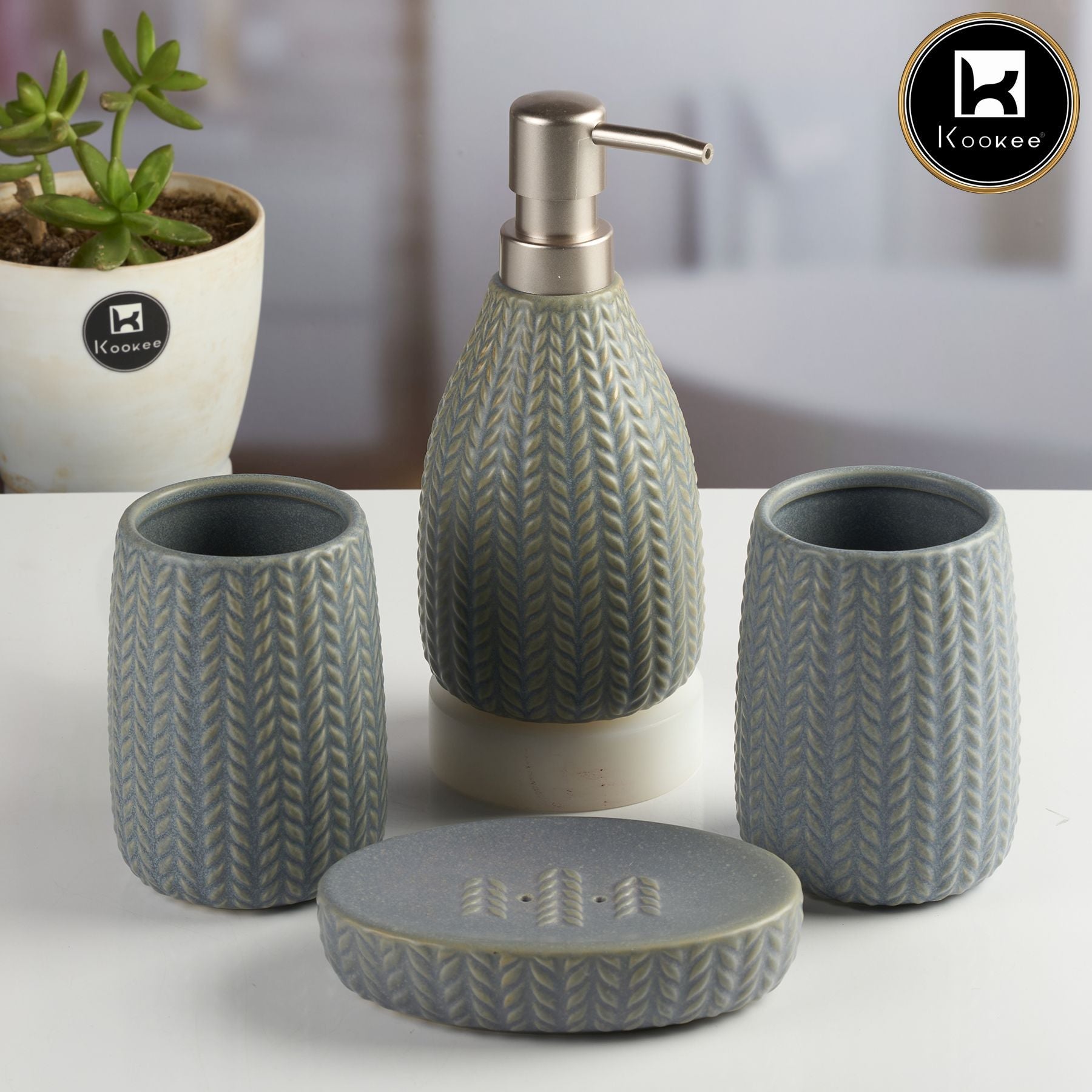 Ceramic Bathroom Accessories Set of 4 with Soap Dispenser (11094)