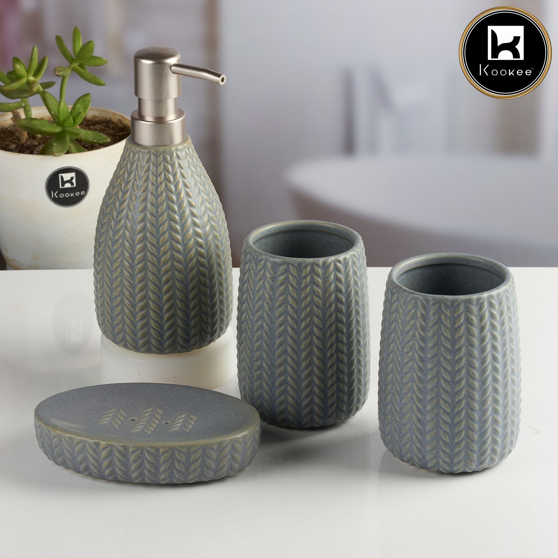 Ceramic Bathroom Accessories Set of 4 with Soap Dispenser (11094)