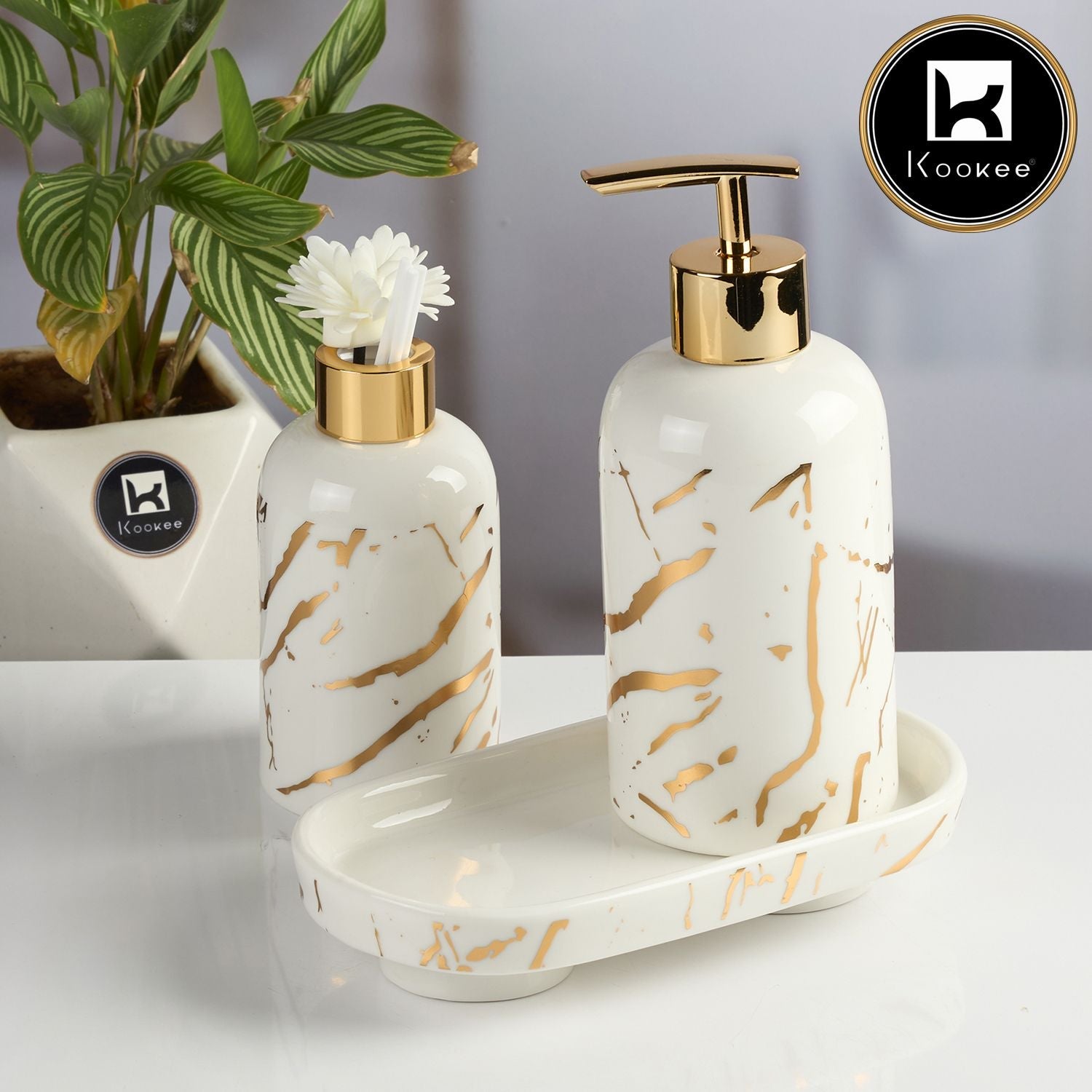 Ceramic Bathroom Accessories Set of 3 with Soap Dispenser (11095)