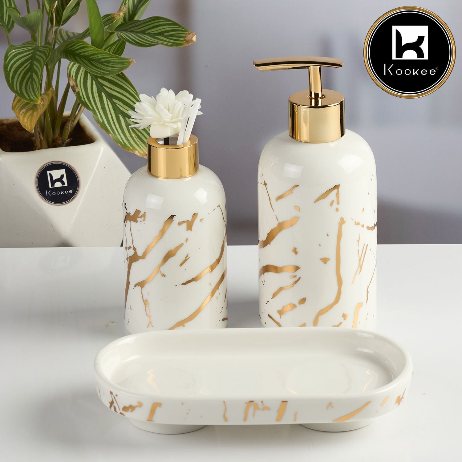 Ceramic Bathroom Accessories Set of 3 with Soap Dispenser (11095)