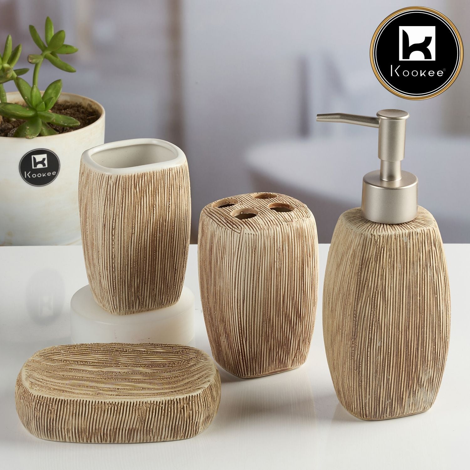 Ceramic Bathroom Accessories Set of 4 with Soap Dispenser (11097)