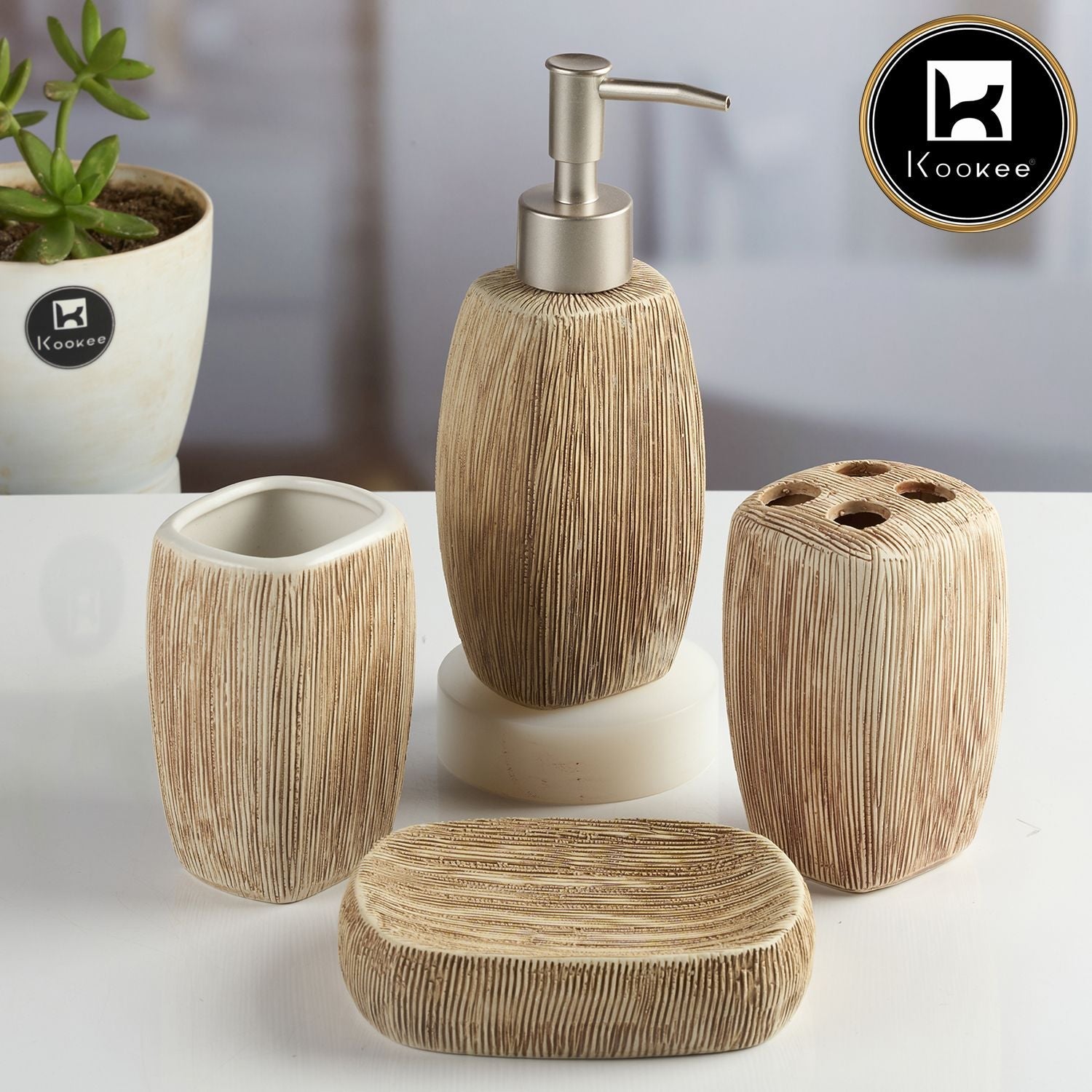 Ceramic Bathroom Accessories Set of 4 with Soap Dispenser (11097)