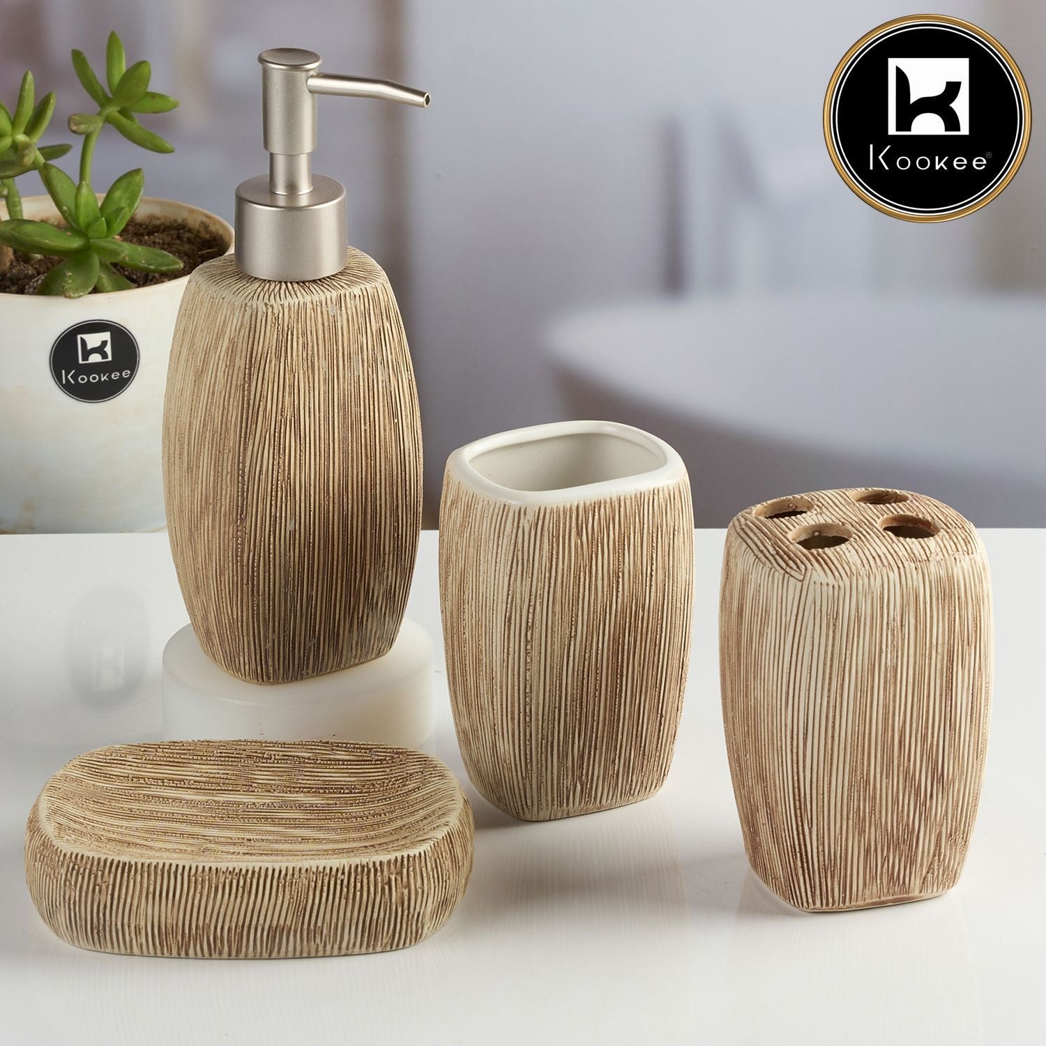 Ceramic Bathroom Accessories Set of 4 with Soap Dispenser (11097)