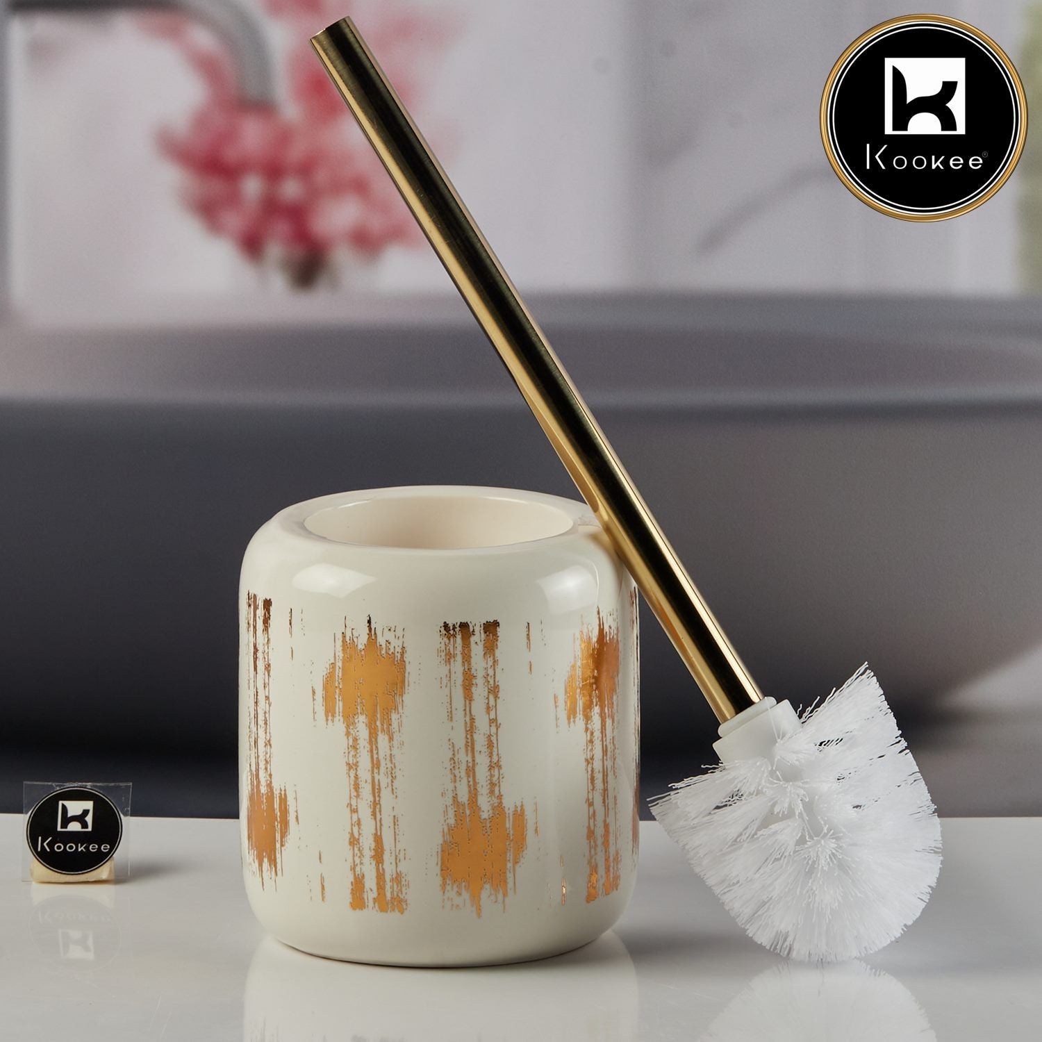 Ceramic Toilet Cleaner Brush with Holder Stand for Bathroom, White (V-CTB-005-2)