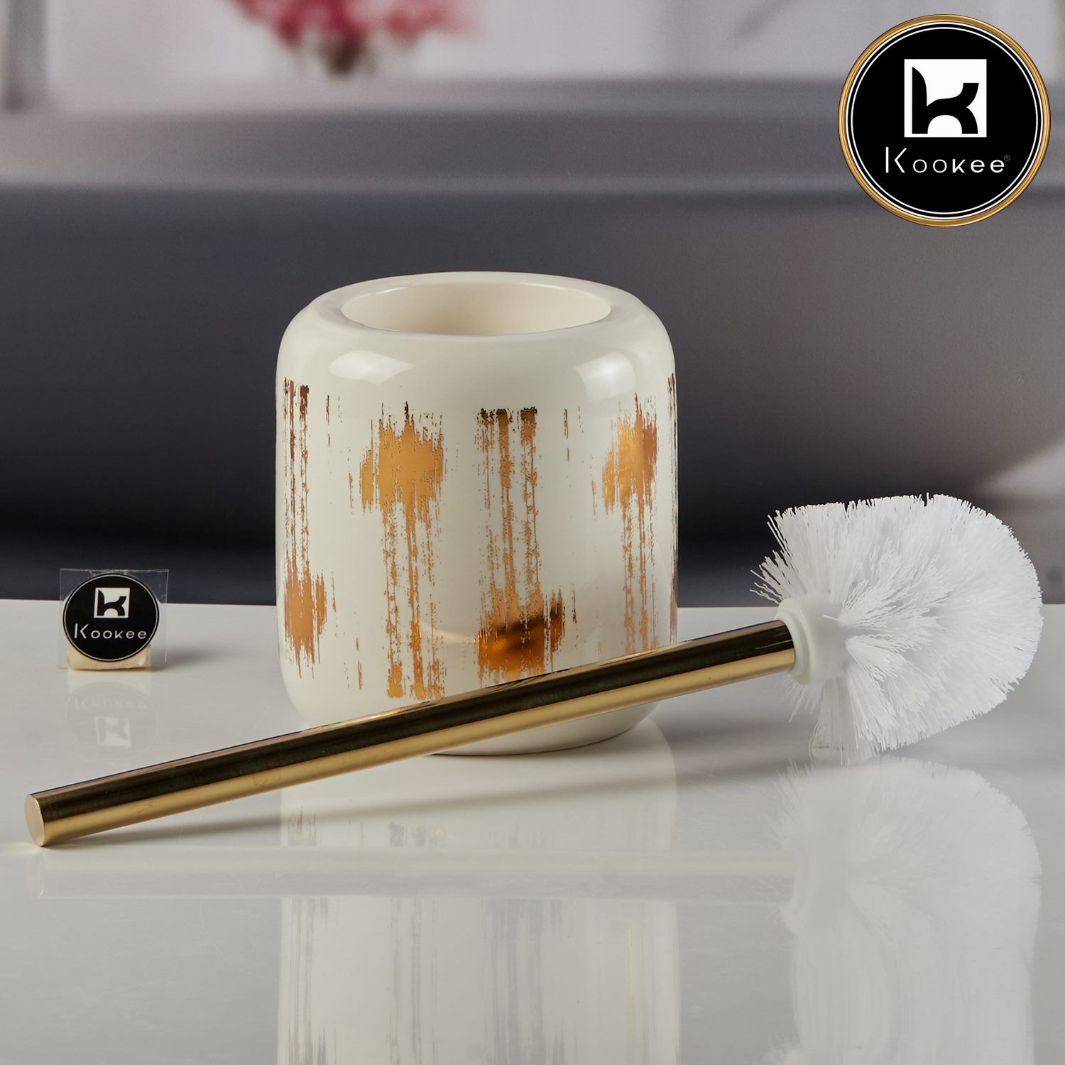 Ceramic Toilet Cleaner Brush with Holder Stand for Bathroom, White (V-CTB-005-2)