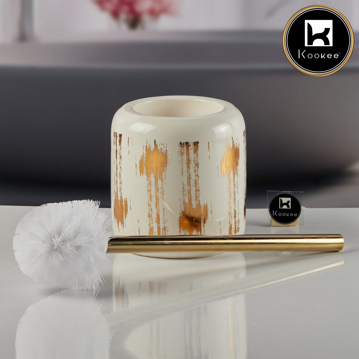 Ceramic Toilet Cleaner Brush with Holder Stand for Bathroom, White (V-CTB-005-2)