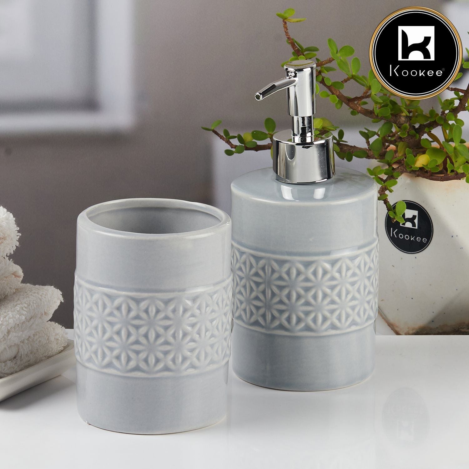 Ceramic Bathroom Accessories Set of 2 with Soap Dispenser (11110)