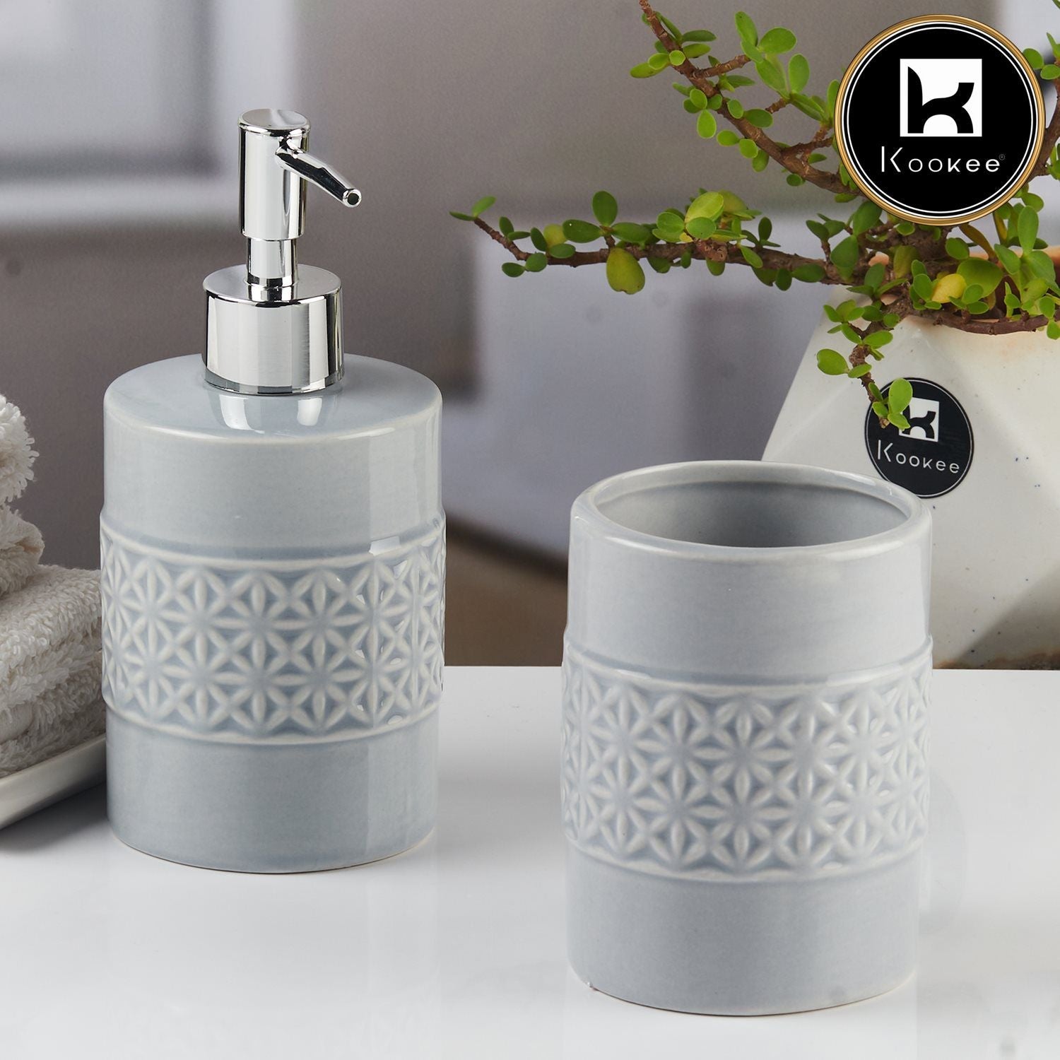 Ceramic Bathroom Accessories Set of 2 with Soap Dispenser (11110)