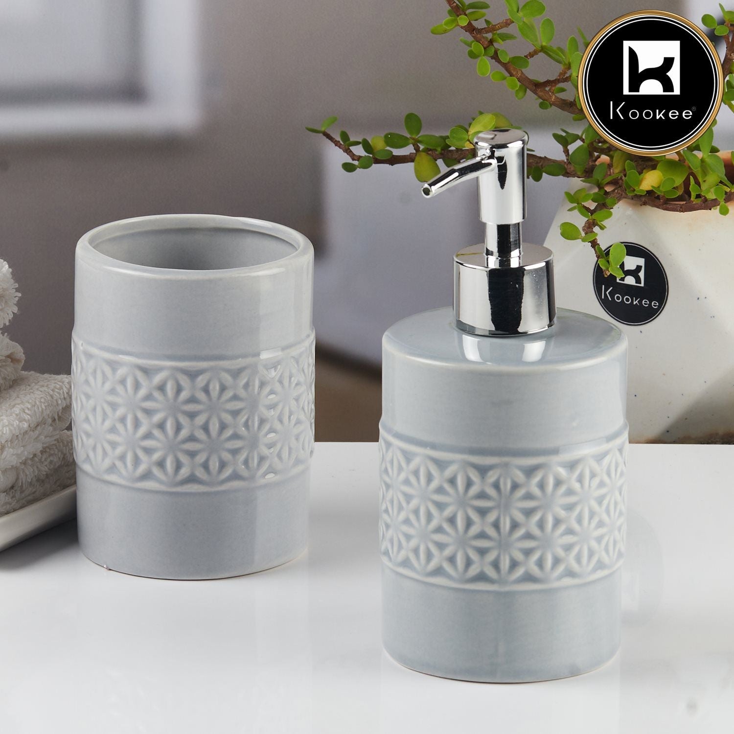 Ceramic Bathroom Accessories Set of 2 with Soap Dispenser (11110)