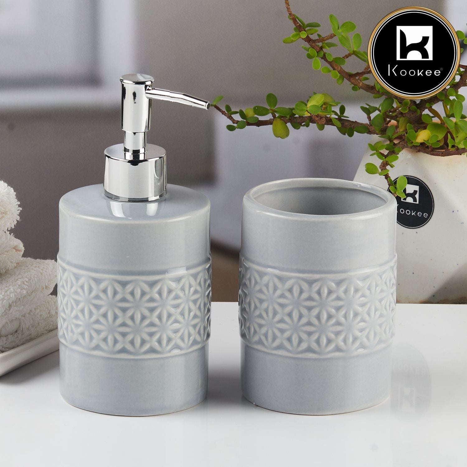 Kookee Ceramic Bathroom Accessories Set of 2, Modern Bath Set with Liquid handwash Soap Dispenser and Toothbrush holder, Luxury Gift Accessory for Home, Grey