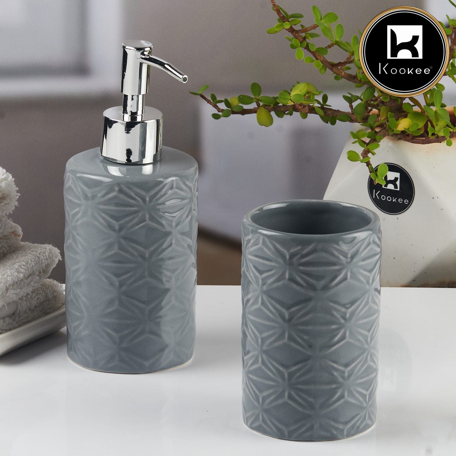 Ceramic Bathroom Accessories Set of 2 with Soap Dispenser (11113)