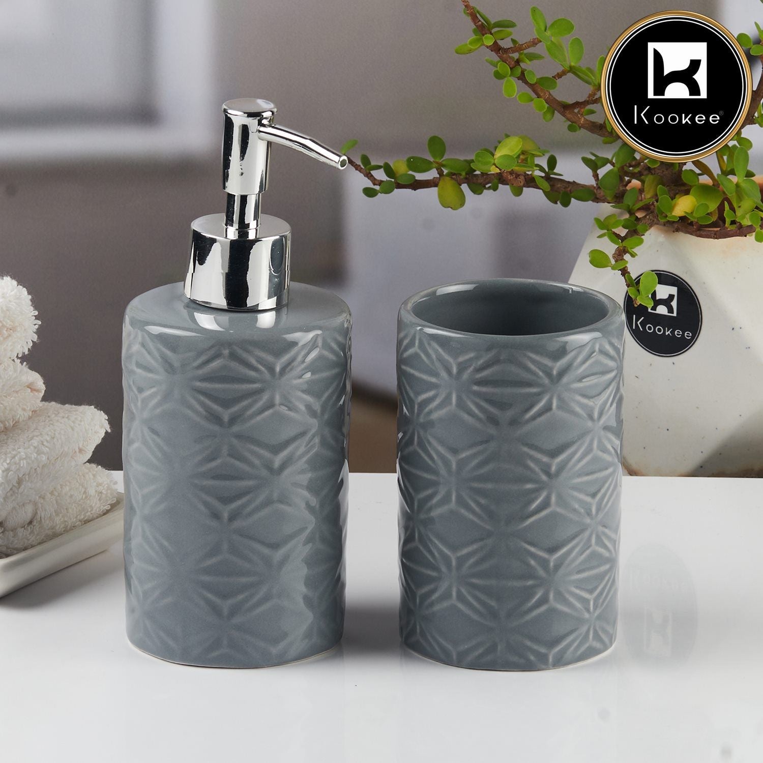 Kookee Ceramic Bathroom Accessories Set of 2, Modern Bath Set with Liquid handwash Soap Dispenser and Toothbrush holder, Luxury Gift Accessory for Home, Grey