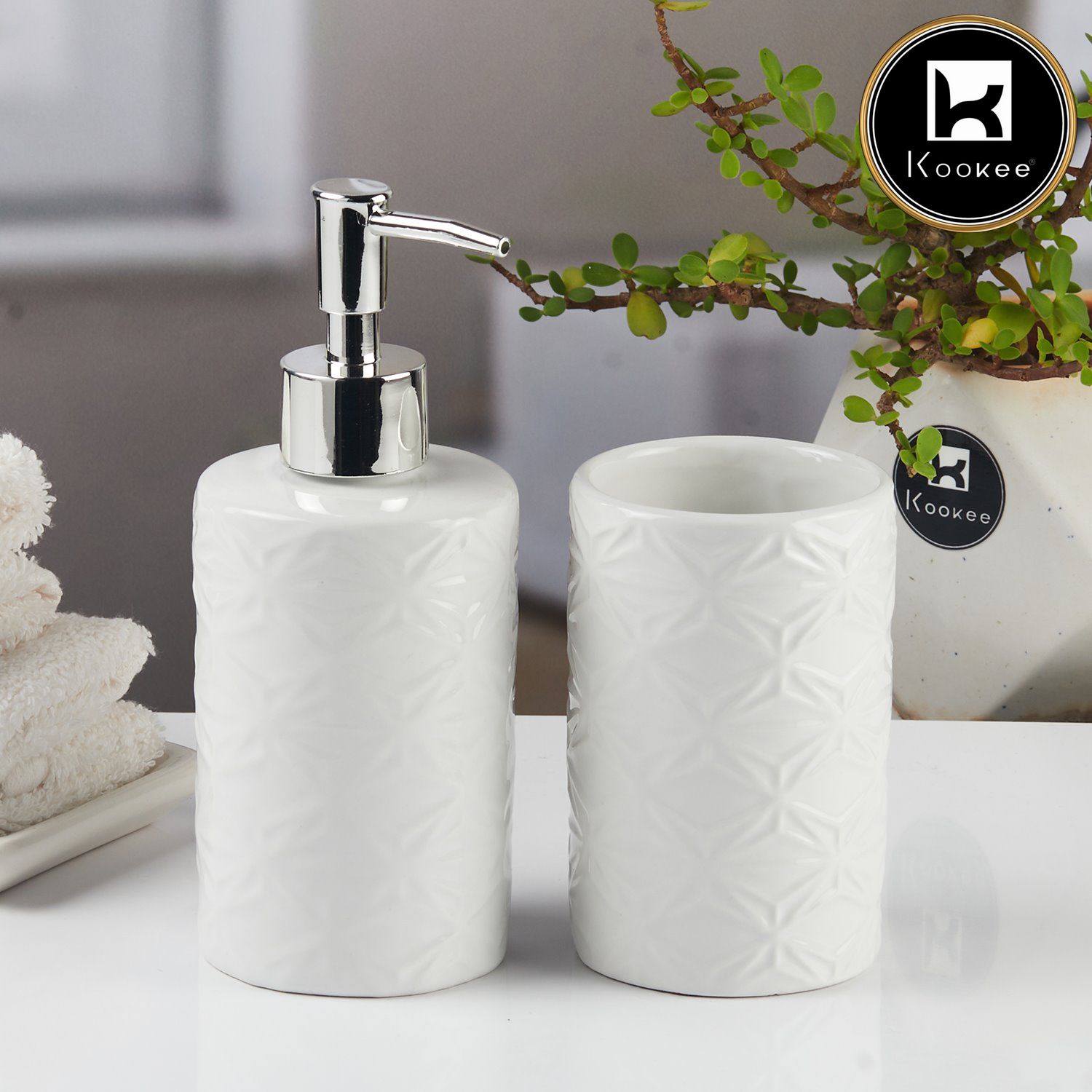 Kookee Ceramic Bathroom Accessories Set of 2, Modern Bath Set with Liquid handwash Soap Dispenser and Toothbrush holder, Luxury Gift Accessory for Home, White