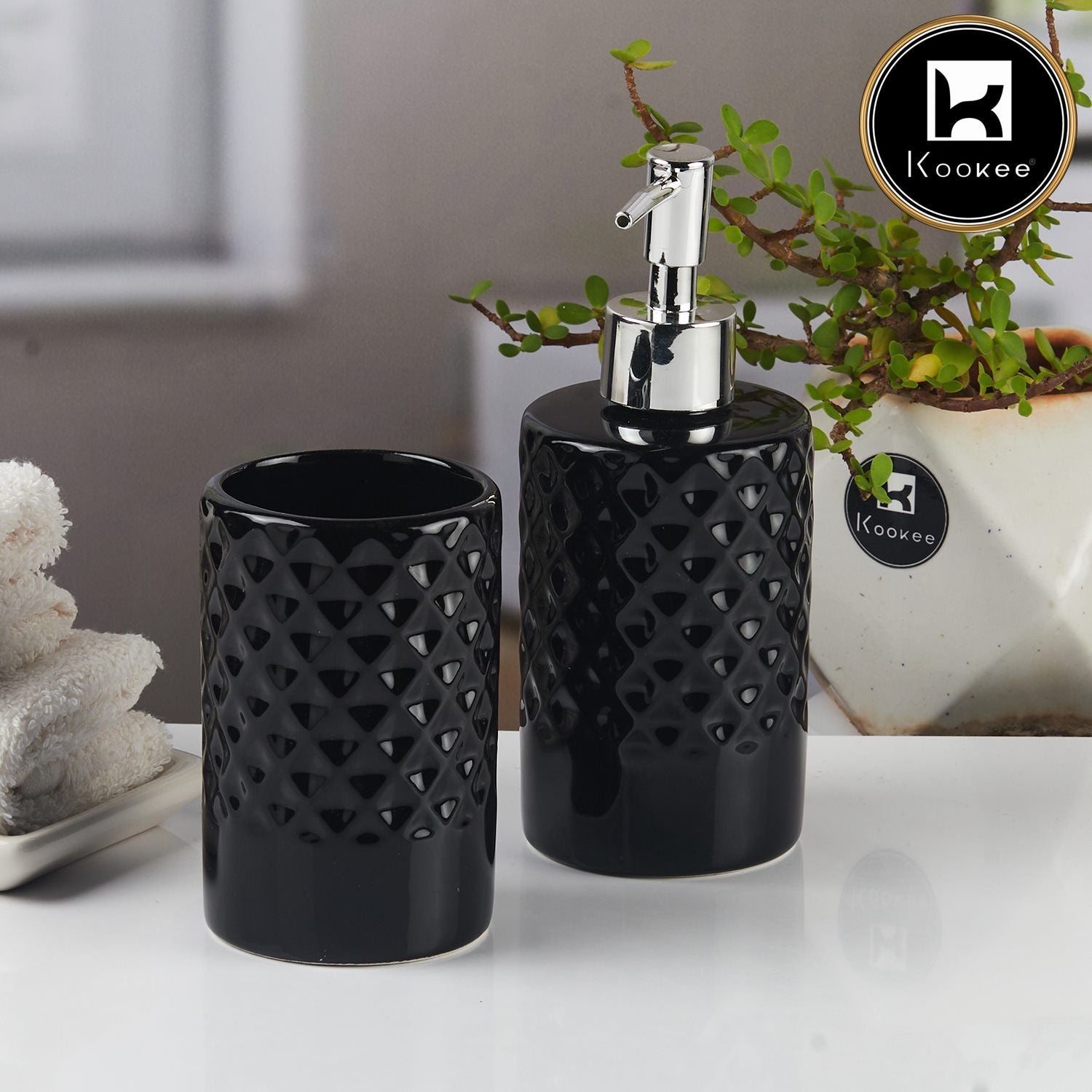 Kookee Ceramic Bathroom Accessories Set of 2, Modern Bath Set with Liquid handwash Soap Dispenser and Toothbrush holder, Luxury Gift Accessory for Home, Black