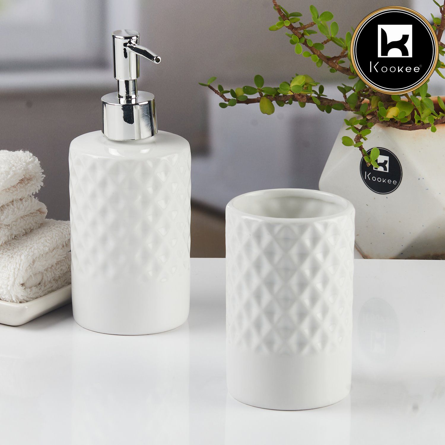 Kookee Ceramic Bathroom Accessories Set of 2, Modern Bath Set with Liquid handwash Soap Dispenser and Toothbrush holder, Luxury Gift Accessory for Home, White