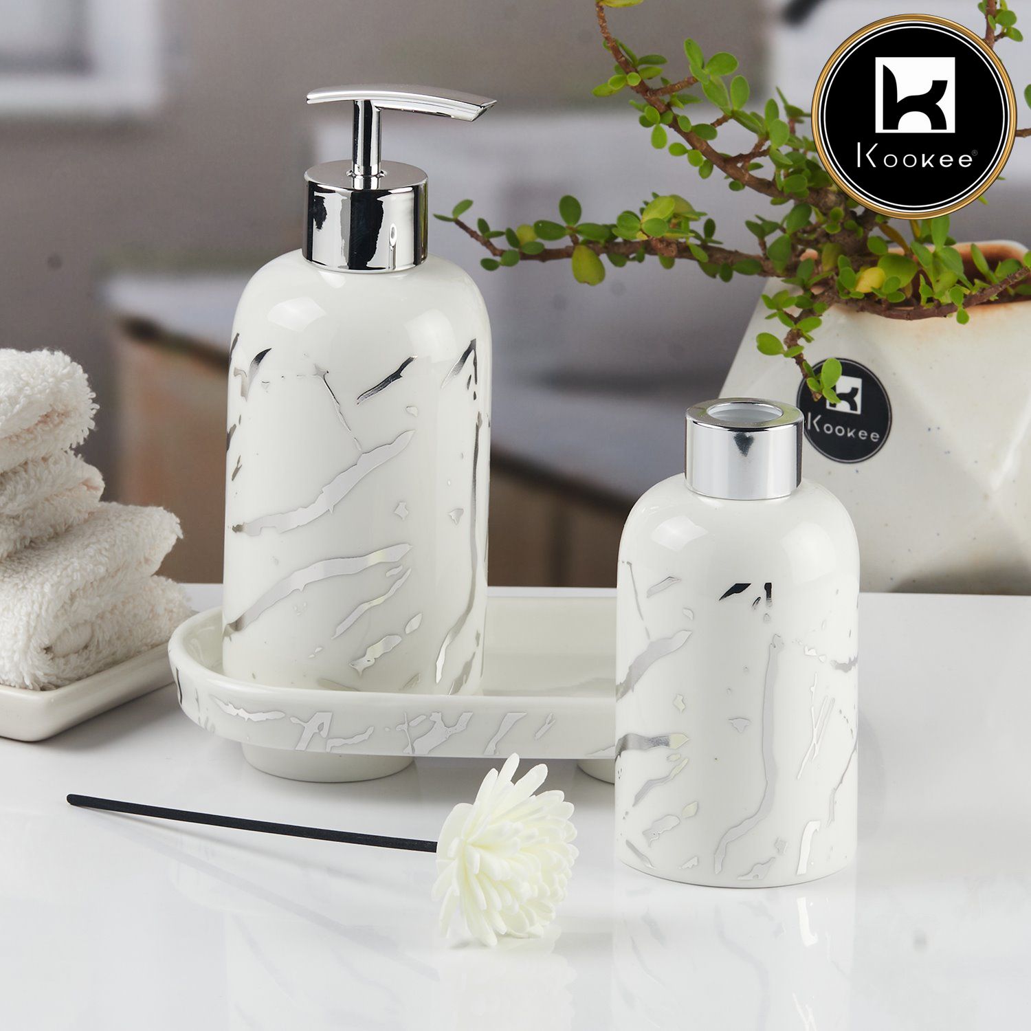 Ceramic Bathroom Accessories Set of 3 with Soap Dispenser (11121)