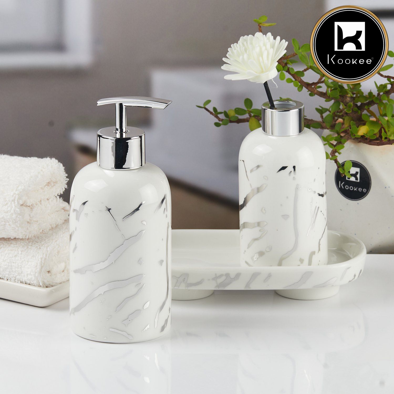 Ceramic Bathroom Accessories Set of 3 with Soap Dispenser (11121)