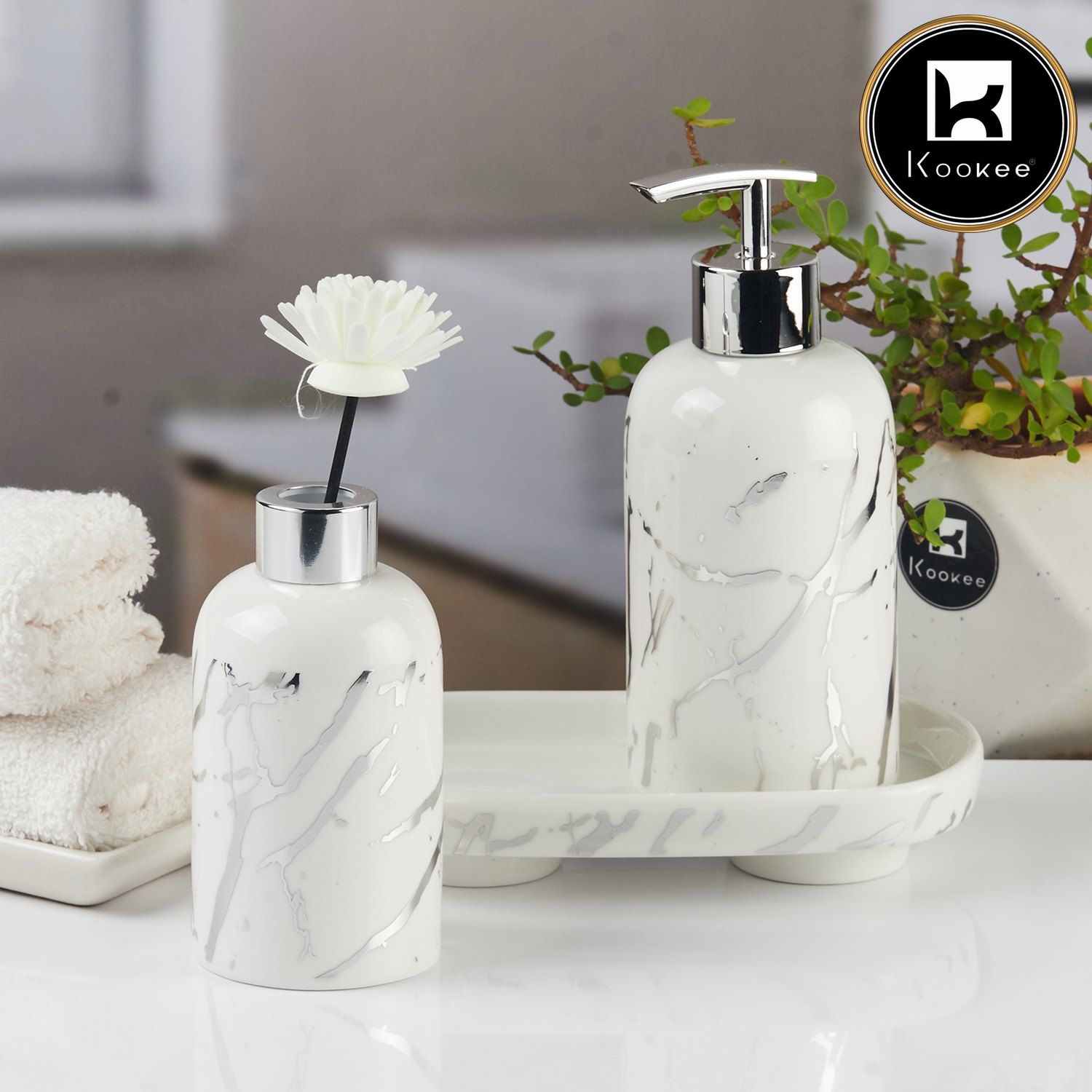 Kookee Ceramic Bathroom Accessories Set of 3, Modern Bath Set with Liquid handwash Soap Dispenser and Toothbrush holder with Tray, Luxury Gift Accessory for Home, White