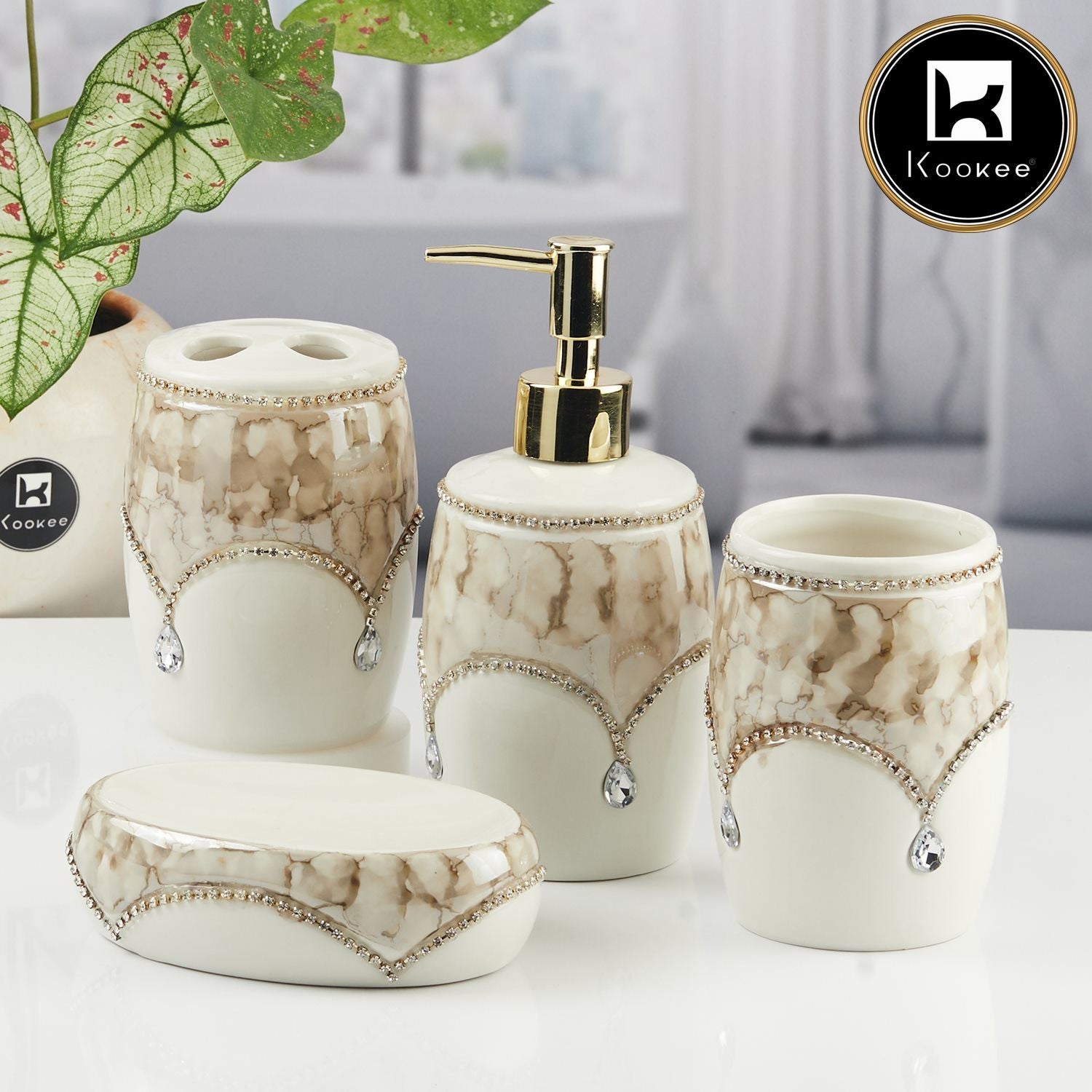 Ceramic Bathroom Accessories Set of 4 with Soap Dispenser (11122)