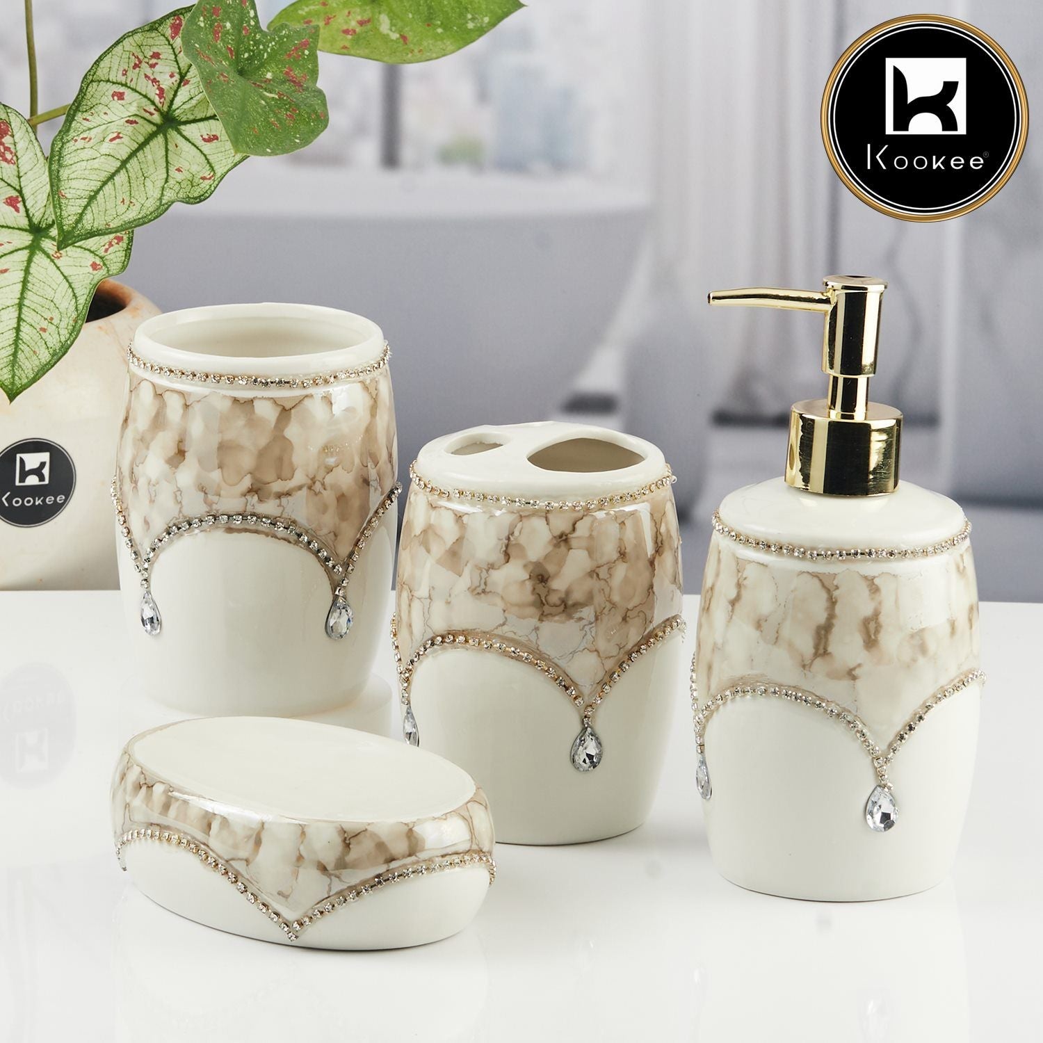 Ceramic Bathroom Accessories Set of 4 with Soap Dispenser (11122)