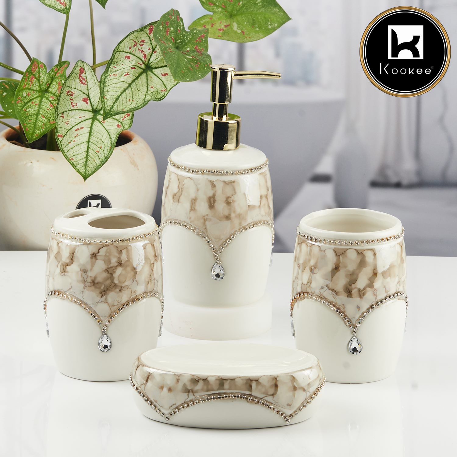 Ceramic Bathroom Accessories Set of 4 with Soap Dispenser (11122)