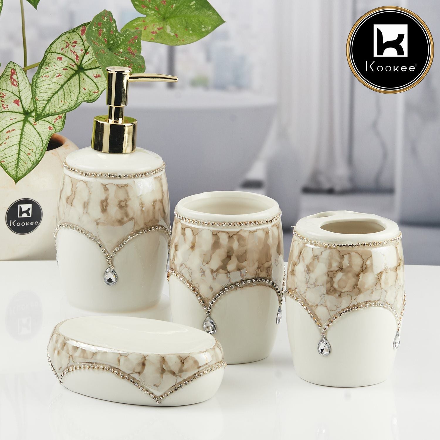 Kookee Ceramic Bathroom Accessories Set of 4, Modern Bath Set with Liquid handwash Soap Dispenser and Toothbrush holder, Luxury Gift Accessory for Home