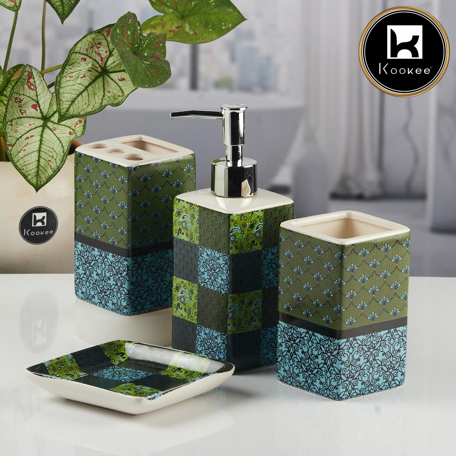 Ceramic Bathroom Accessories Set of 4 with Soap Dispenser (11123)