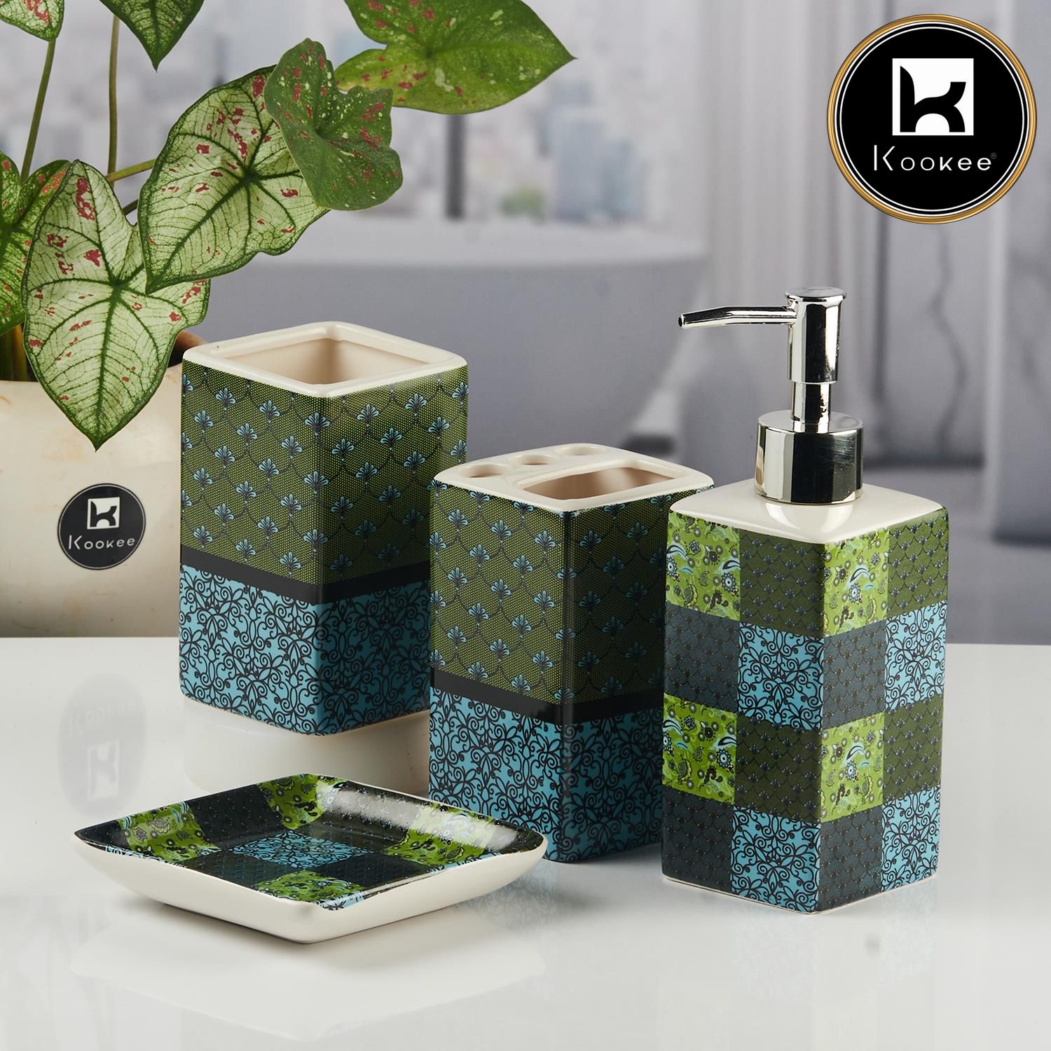 Kookee Ceramic Bathroom Sets, Green, ART11123
