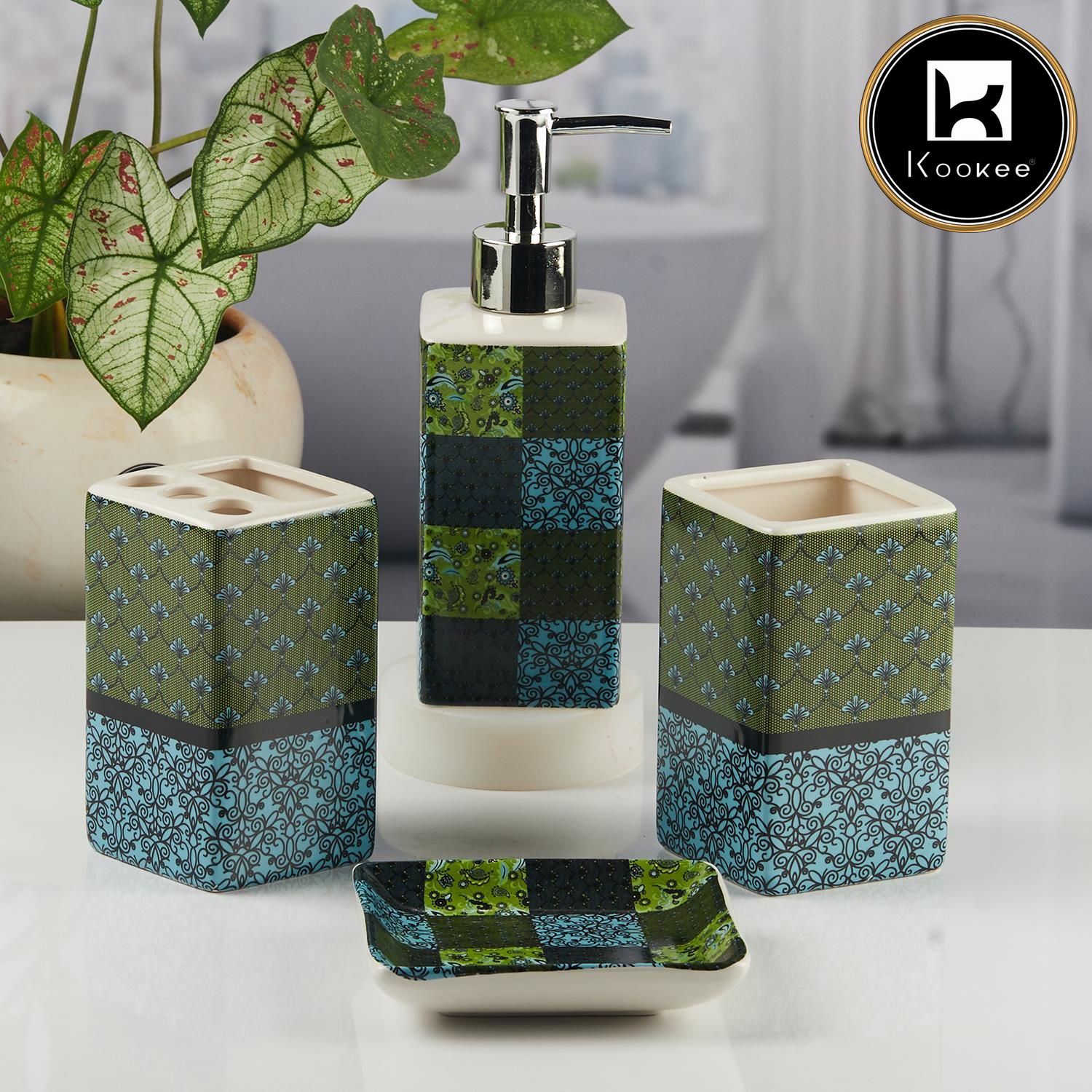 Ceramic Bathroom Accessories Set of 4 with Soap Dispenser (11123)