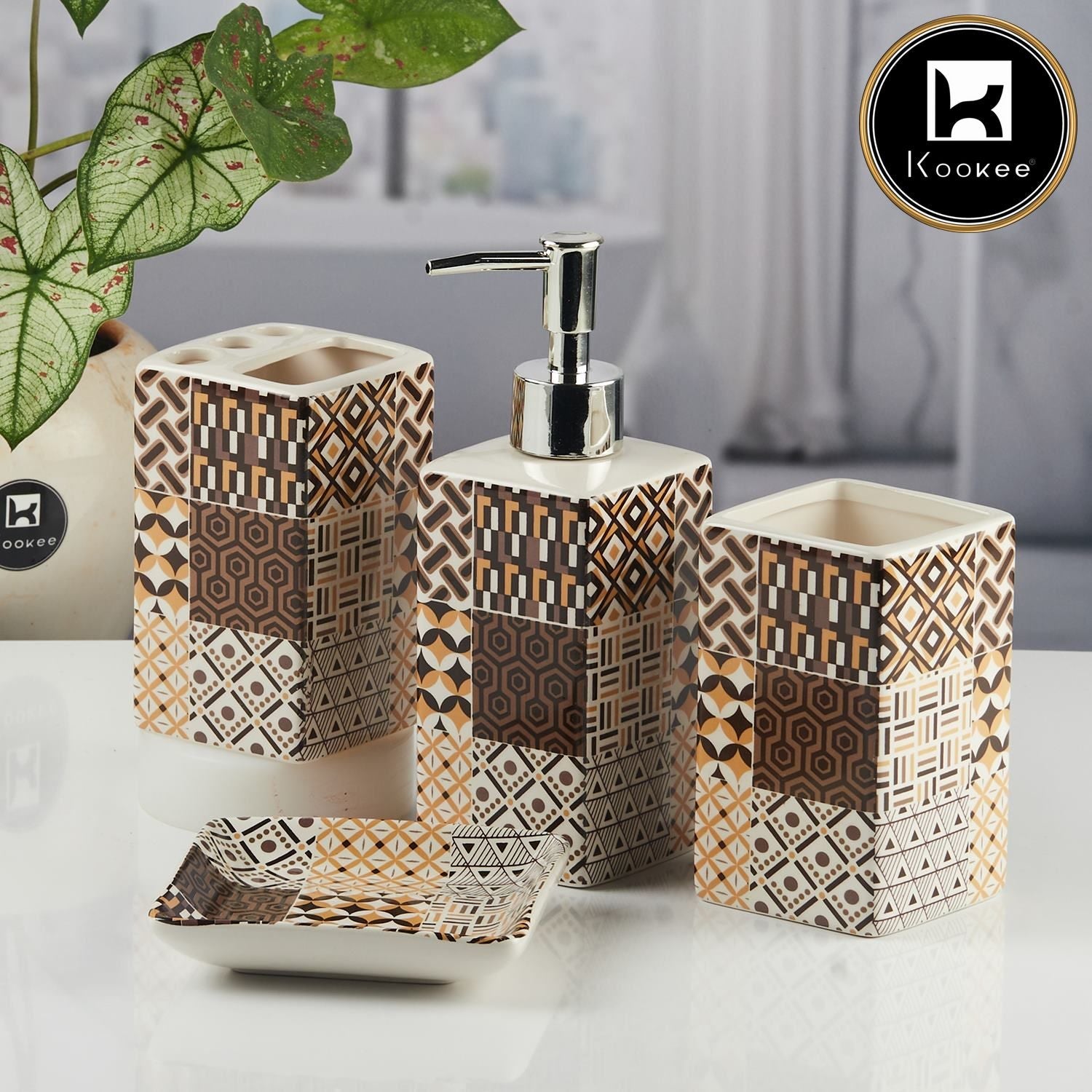 Ceramic Bathroom Accessories Set of 4 with Soap Dispenser (11124)