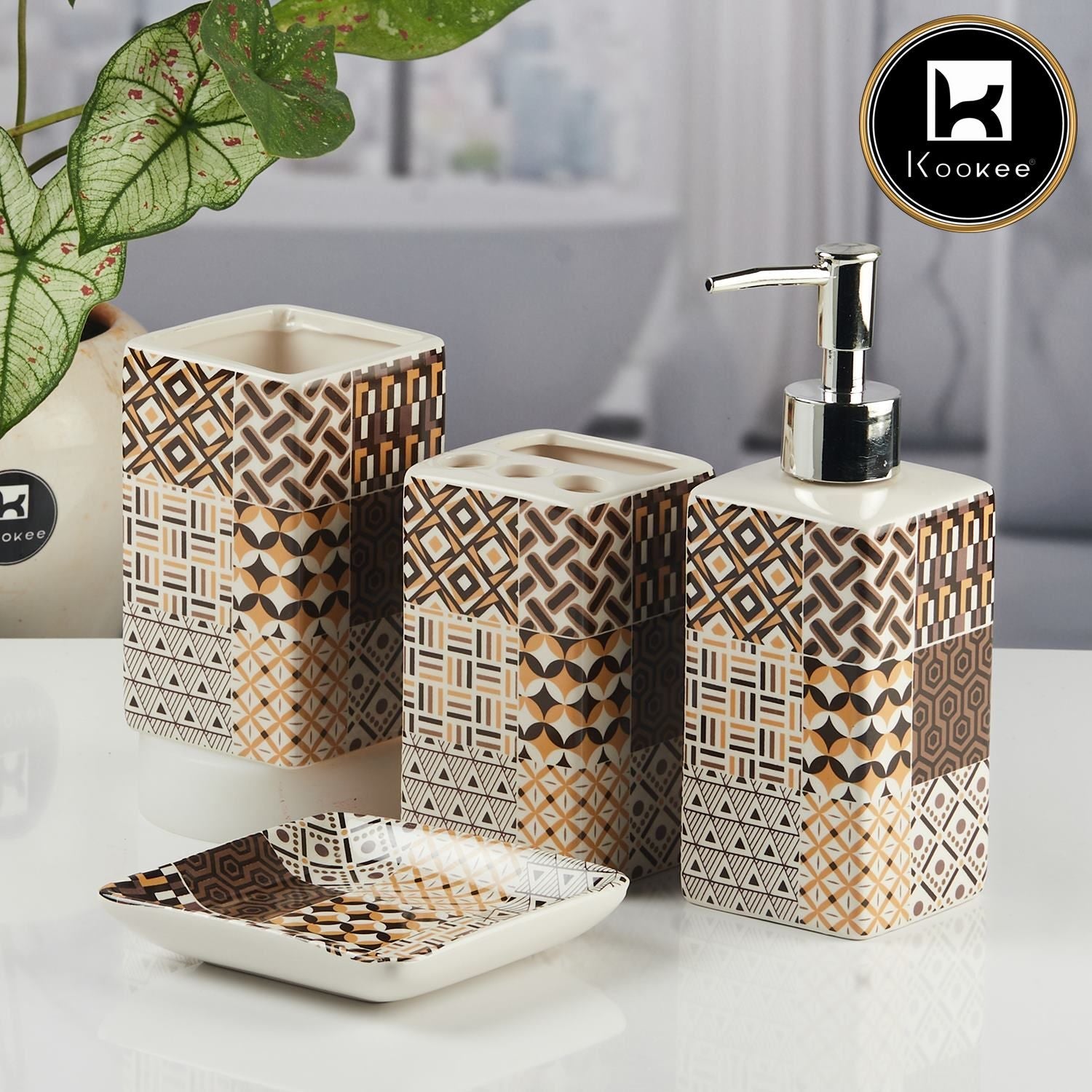 Ceramic Bathroom Accessories Set of 4 with Soap Dispenser (11124)