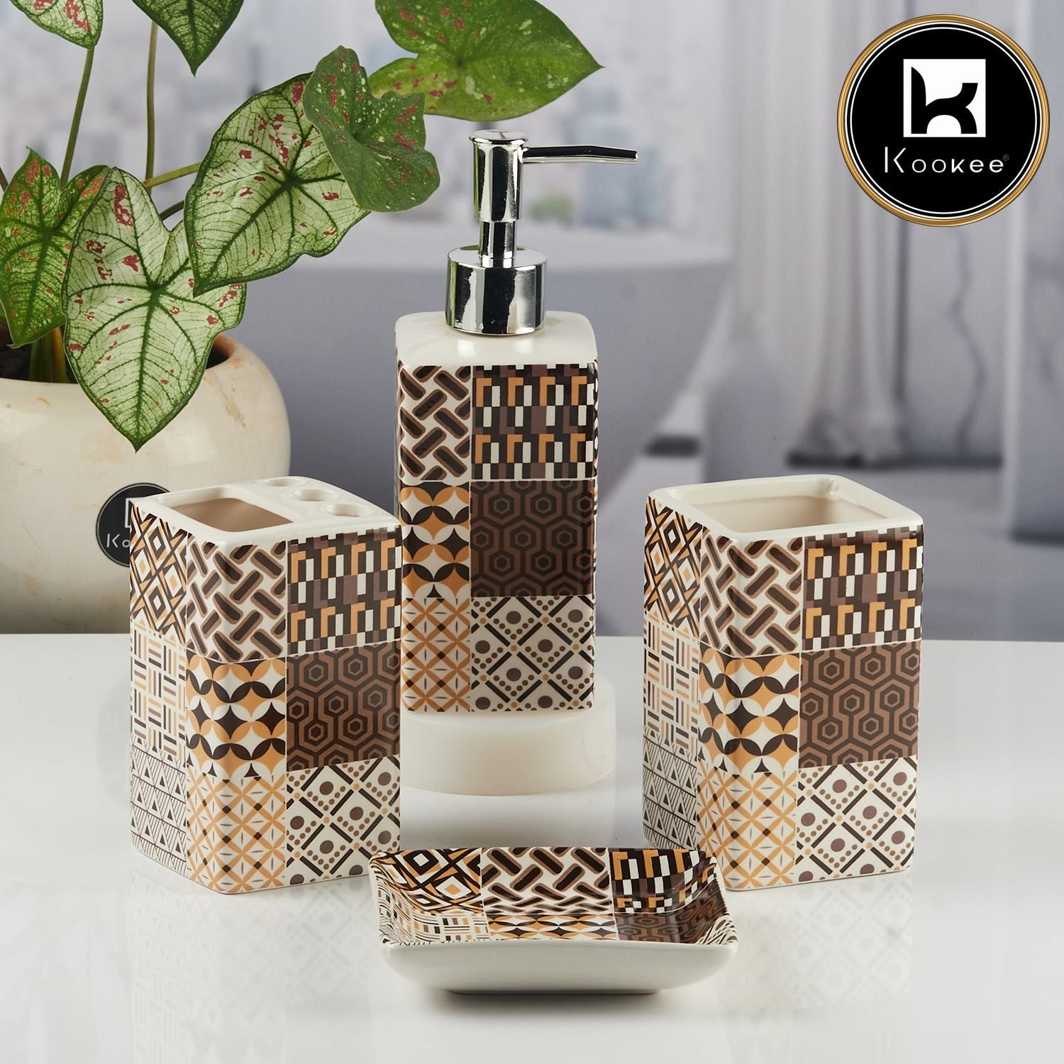 Ceramic Bathroom Accessories Set of 4 with Soap Dispenser (11124)