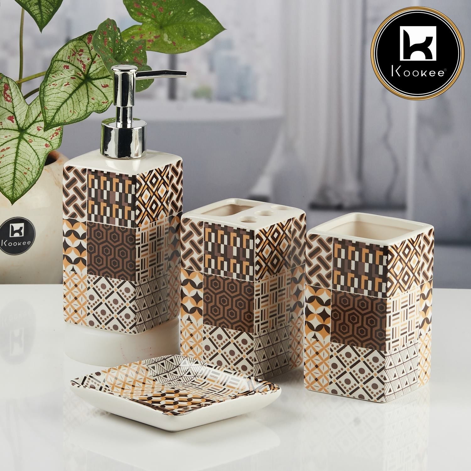 Kookee Ceramic Bathroom Accessories Set of 4, Modern Bath Set with Liquid handwash Soap Dispenser and Toothbrush holder, Luxury Gift Accessory for Home